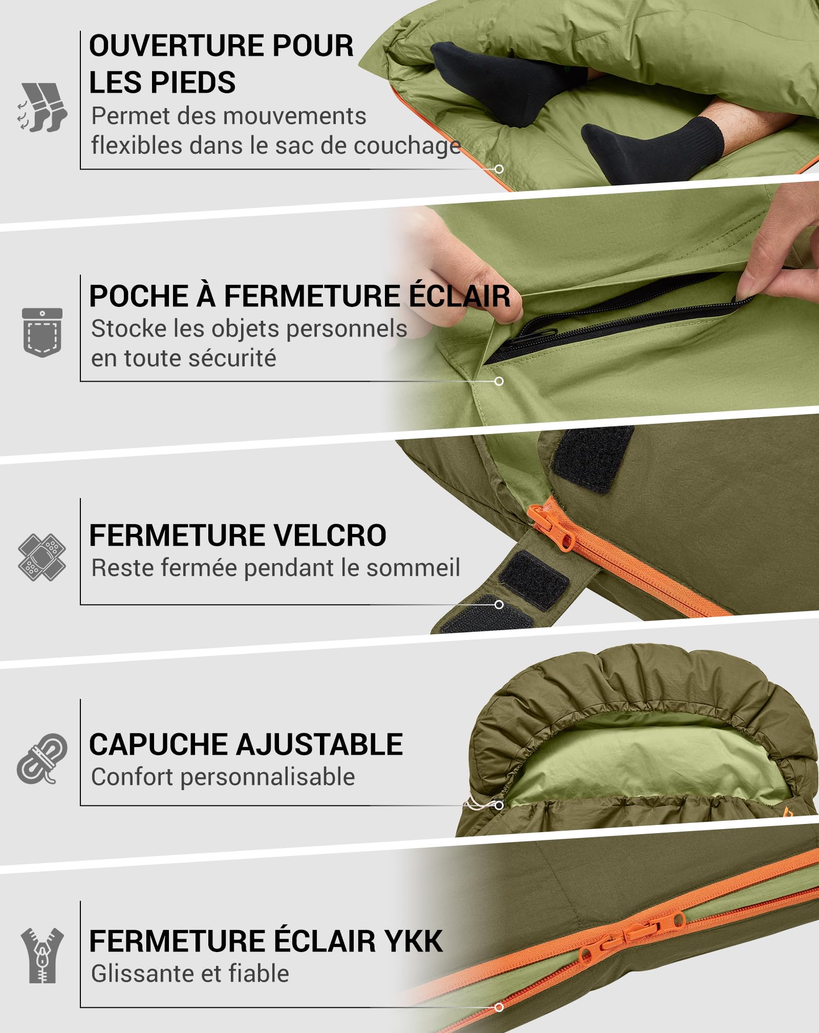KingCamp Sac de Couchage 3-4 Saisons en Duvet et Coton, Sac De Couchage Sarcophage, Sac de Couchage Adulte Enfant Compact Hiver pour Camping Voyage Tentes Randonnée Extérieur Intérieur