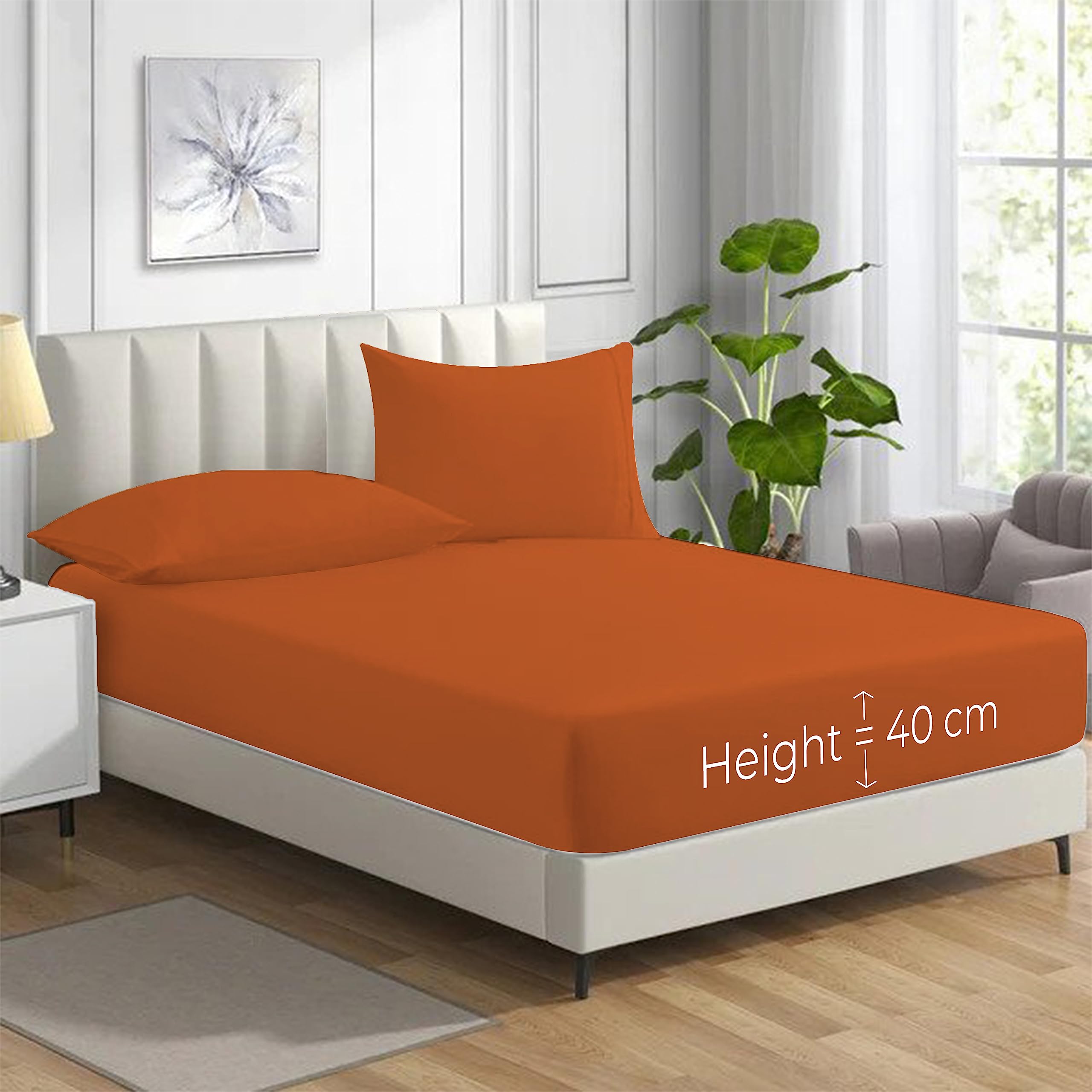 Hadi London Orange Polycotton Fitted Sheets For Single Double King Super King Size Bed Plain Dyed 40 Cm Extra Deep Fitted Sheet Cover With 200 Thread Count And Elasticated Edges (, Single)