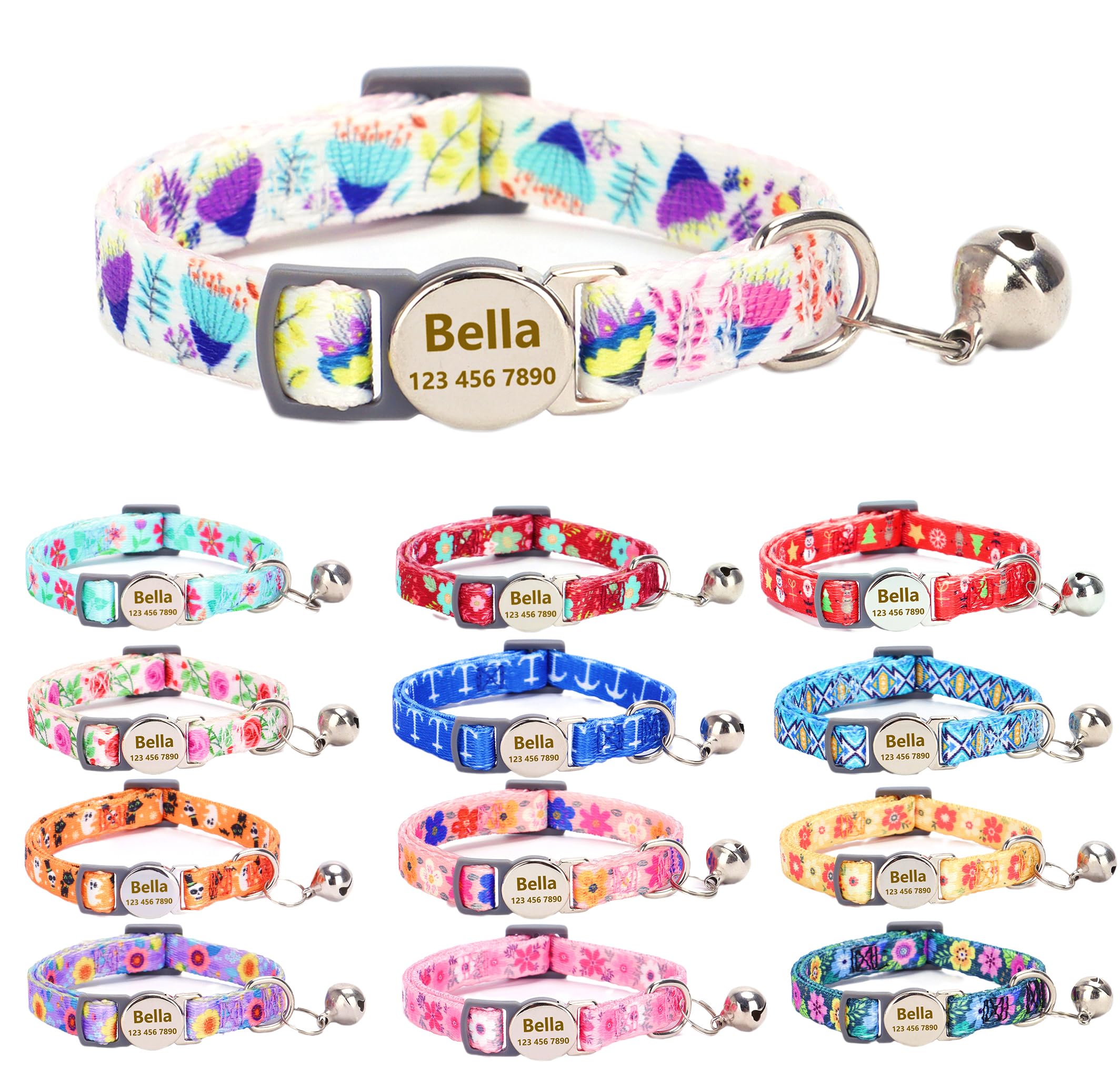 Moonpet Custom Personalized Breakaway Kitten Cat Collar with ID Name Phone Number Tag Plate/Customized Engraved Floral Pattern Boy Girl Cat Kitten Collar with Bell-White Flower