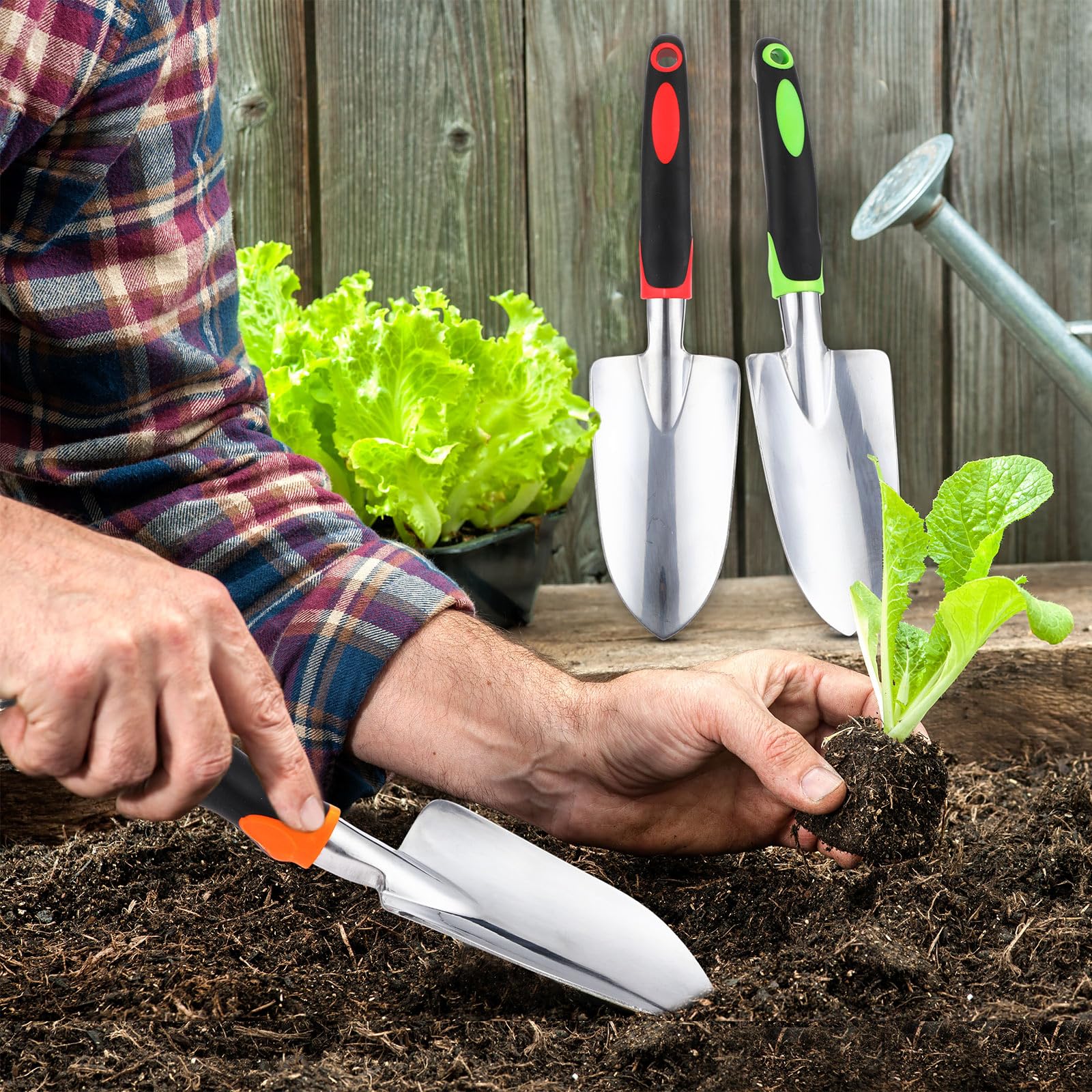 Yaocom 12 pala da giardino in lega di alluminio resistente, piccole pale da scavo in metallo, con manico morbido, per giardino, prato, cortile (pala larga, giallo, verde, arancione, rosso)