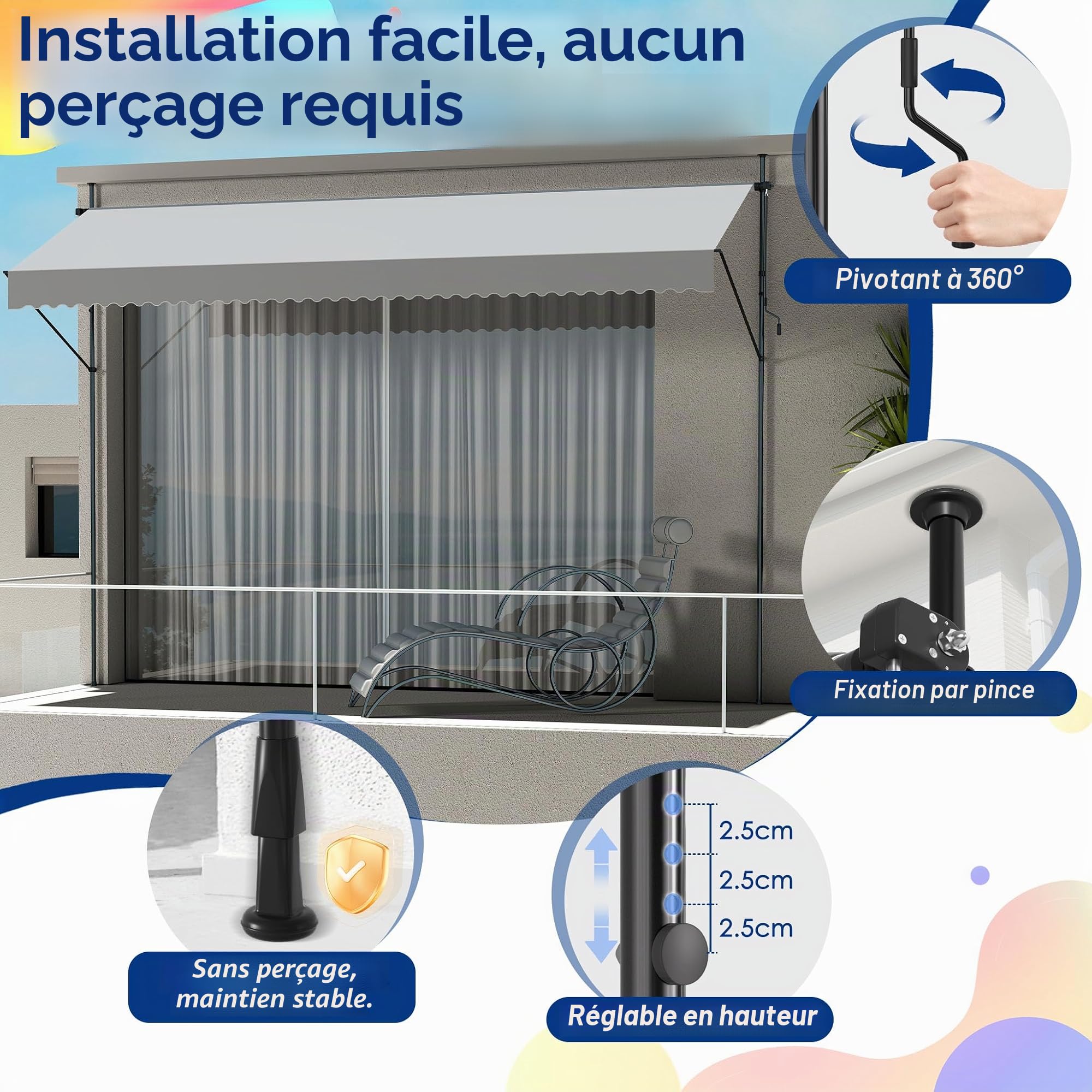 Aufun Store de balcon avec manivelle - 300 cm - Gris clair - Sans perçage - Protection solaire en polyester - Résistant aux UV et réglable en hauteur - 300 x 120 cm