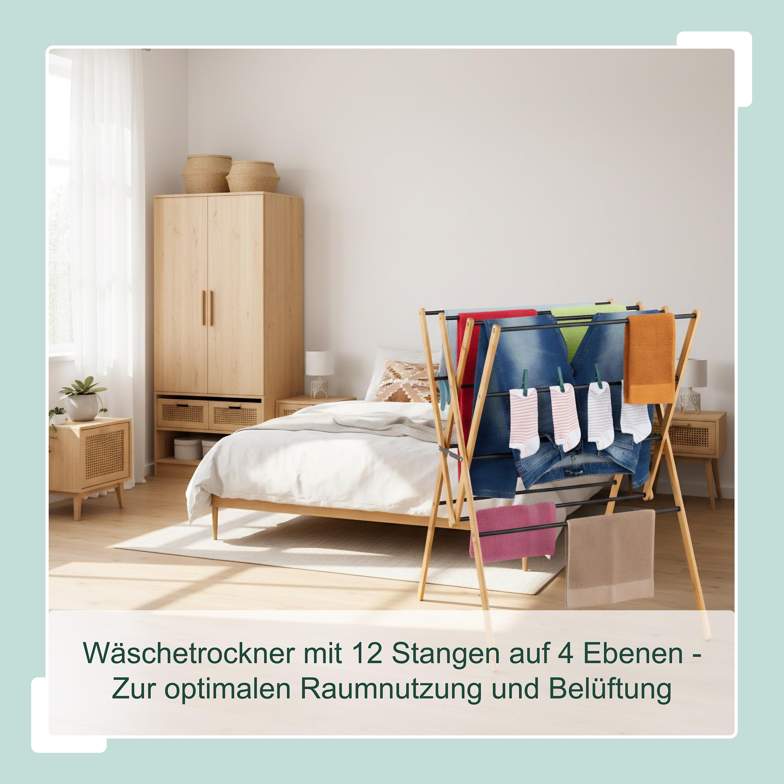 Relaxdays Wäscheständer, klappbar, 12 Stangen, HxBxT: 93 x 70 x 62 cm, Bambus, Metall, Turmwäscheständer, Natur/schwarz