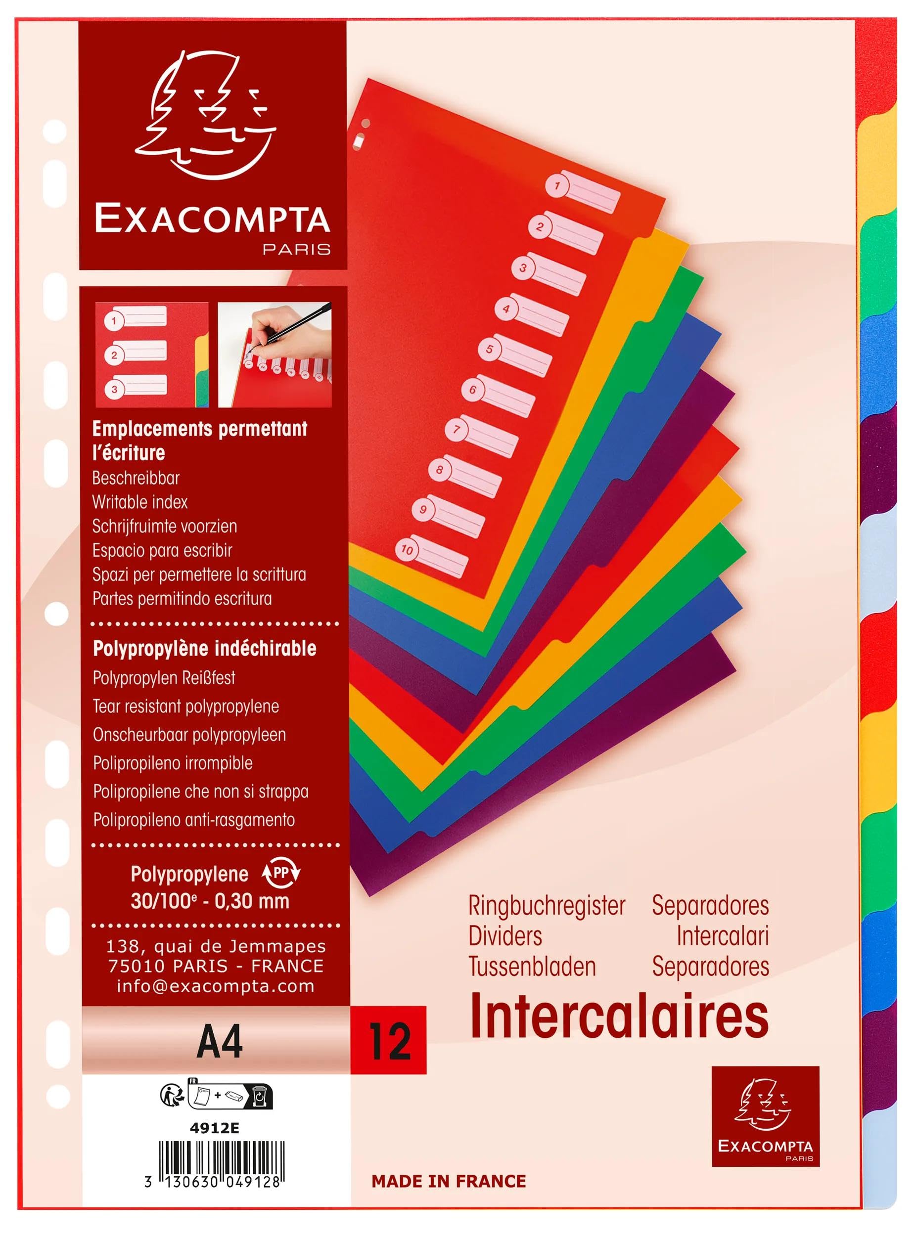 Intercalaires polypropylene semi rigide 35x100e 12 positions - a4