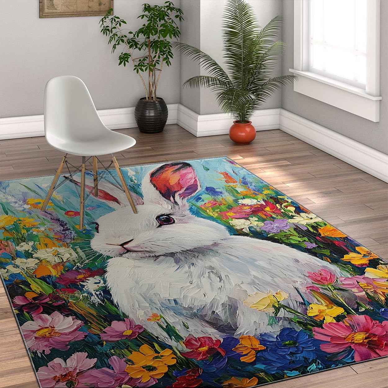 Tapis de Pâques lapin blanc : la solution anti-salissure et lavable pour les familles