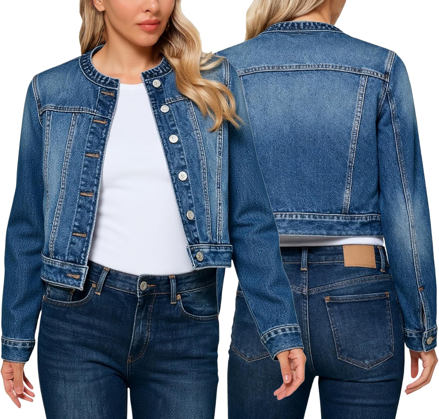MsavigVice Women's Denim Jacket Collarless Long Sleeve Button Down Casual Cropped Jean Shacket - Image 6