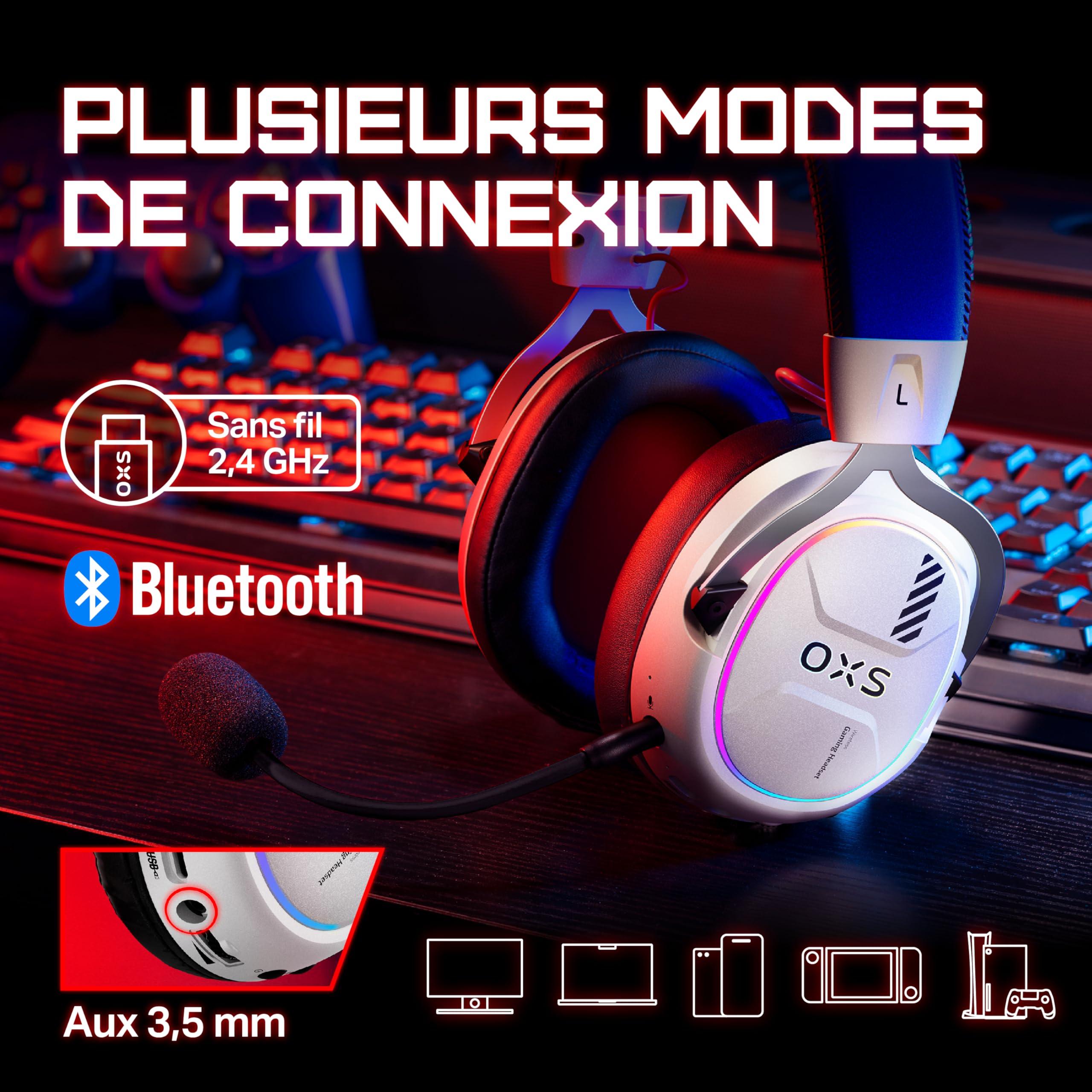 OXS Storm G2 Casque Gaming sans Fil, Son Ambiophonique Virtuel 7,1, 3 Modes d'égalisation, Faible Latence 2,4 GHz, Pilote de 50 mm, Autonomie de 40 Heures, Bluetooth 5.3, pour PC, Console, Blanc