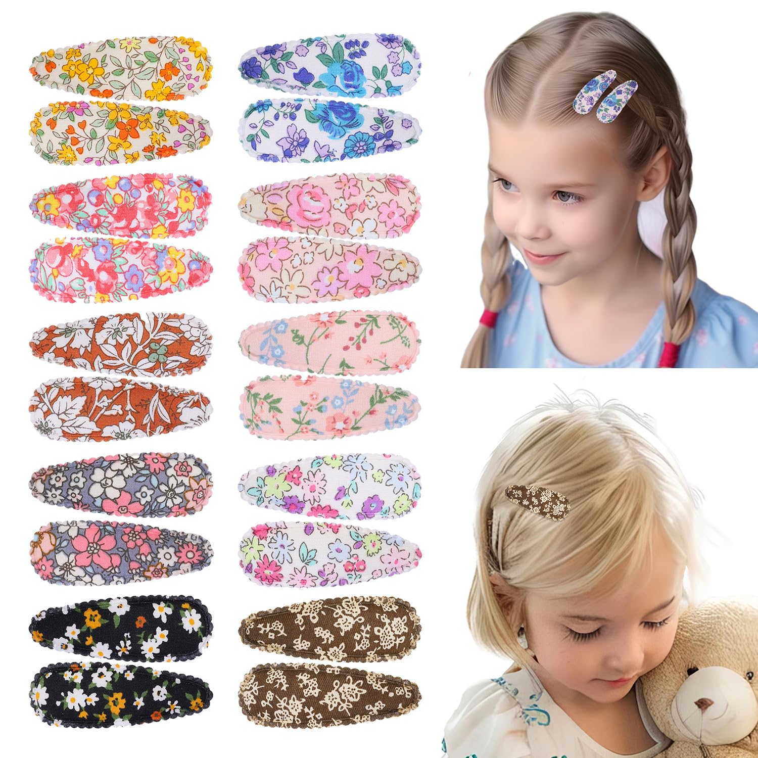 Girl Snap Hair Clips, EleMirsa 20pcs Floral Print Snap Hair Clips for Baby Girls Non Slip Wrapped Snap Hairpins for Toddlers Barrettes Hair Accessories for Baby Girl Infants Toddler Kids