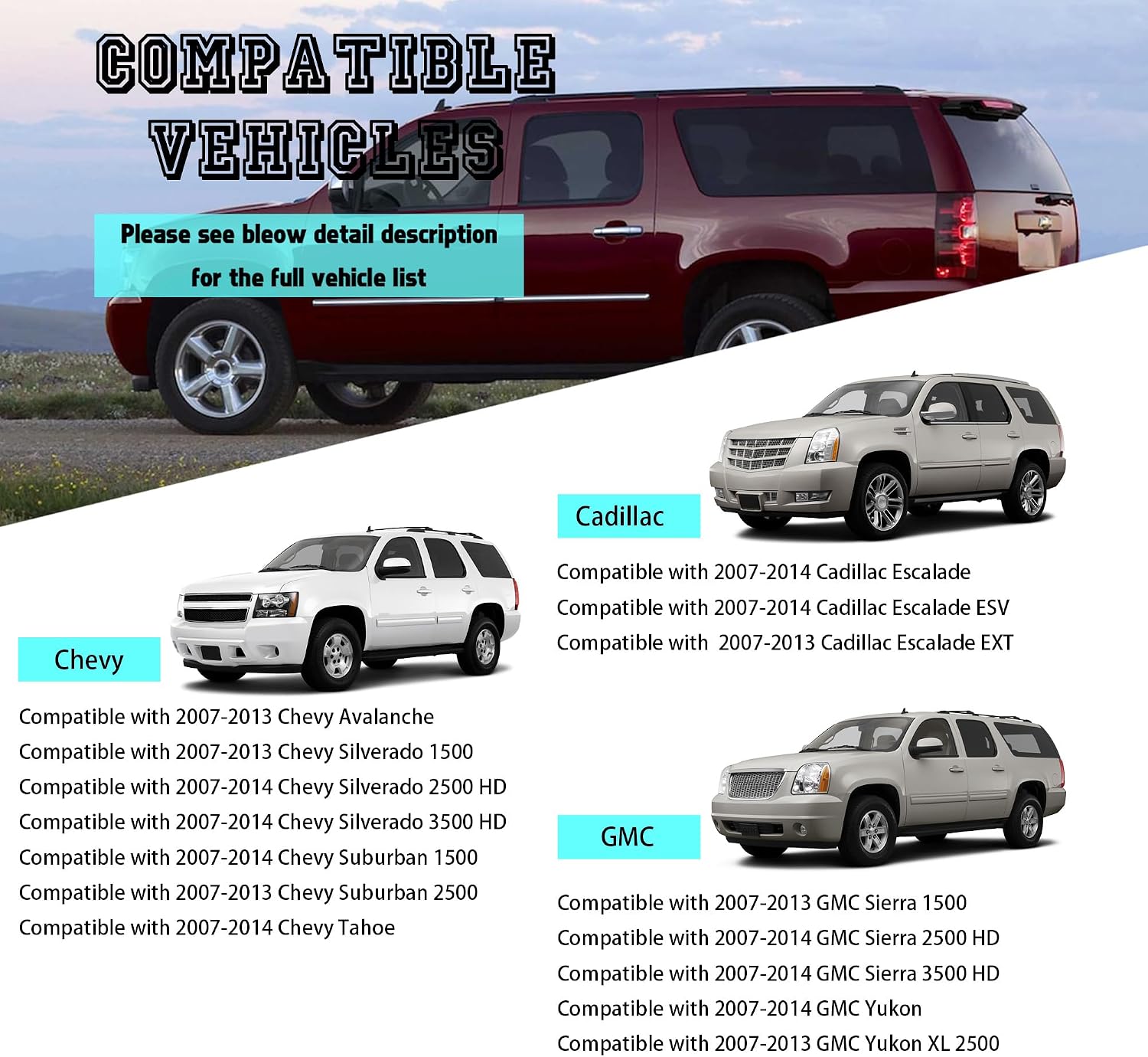Exterior Chrome Door Handle Front Rear Driver&Passenger Compatible with 2007-2014 Cadillac Escalade Chevy Avalanche Silverado Suburban GMC Sierra Yukon Replaces 22738722 22738721 20828258