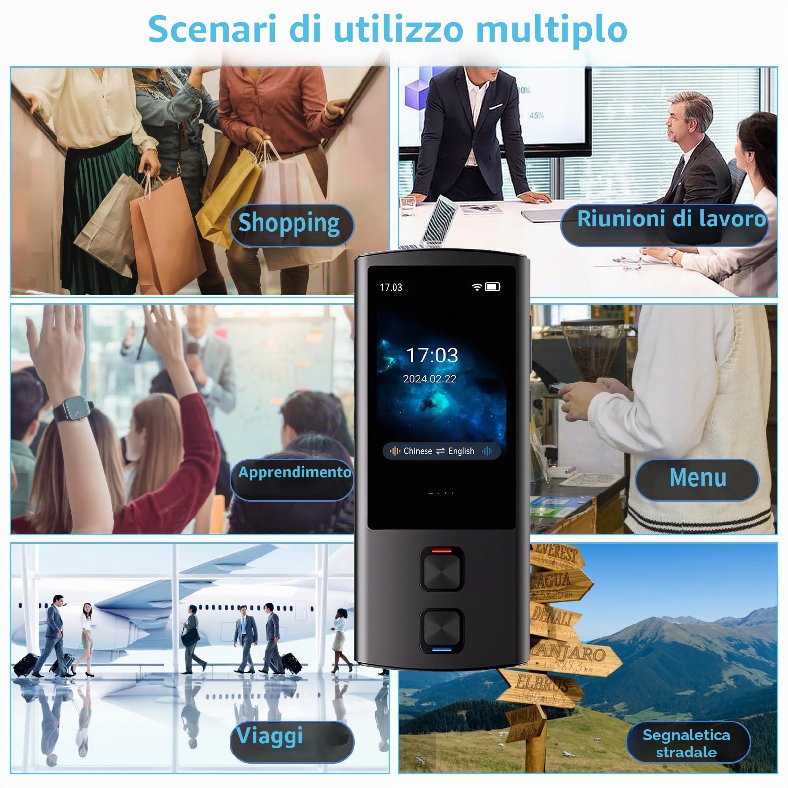 Dispositivo traduttore linguistico, traduttore vocale AI bidirezionale per traduzione vocale/testo/offline/foto, 138 lingue online con touchscreen da 3 pollici per viaggi di apprendimento