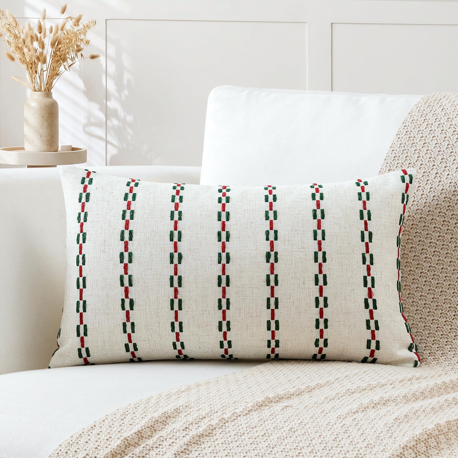 Artscope Pack of 1 Striped Geometric Cushion Cover 30x50cm Soft Lumbar Pillowcase Decorative Farmhouse Accent Couch Throw Pillow Cover for Living Room Bedroom Red + Green