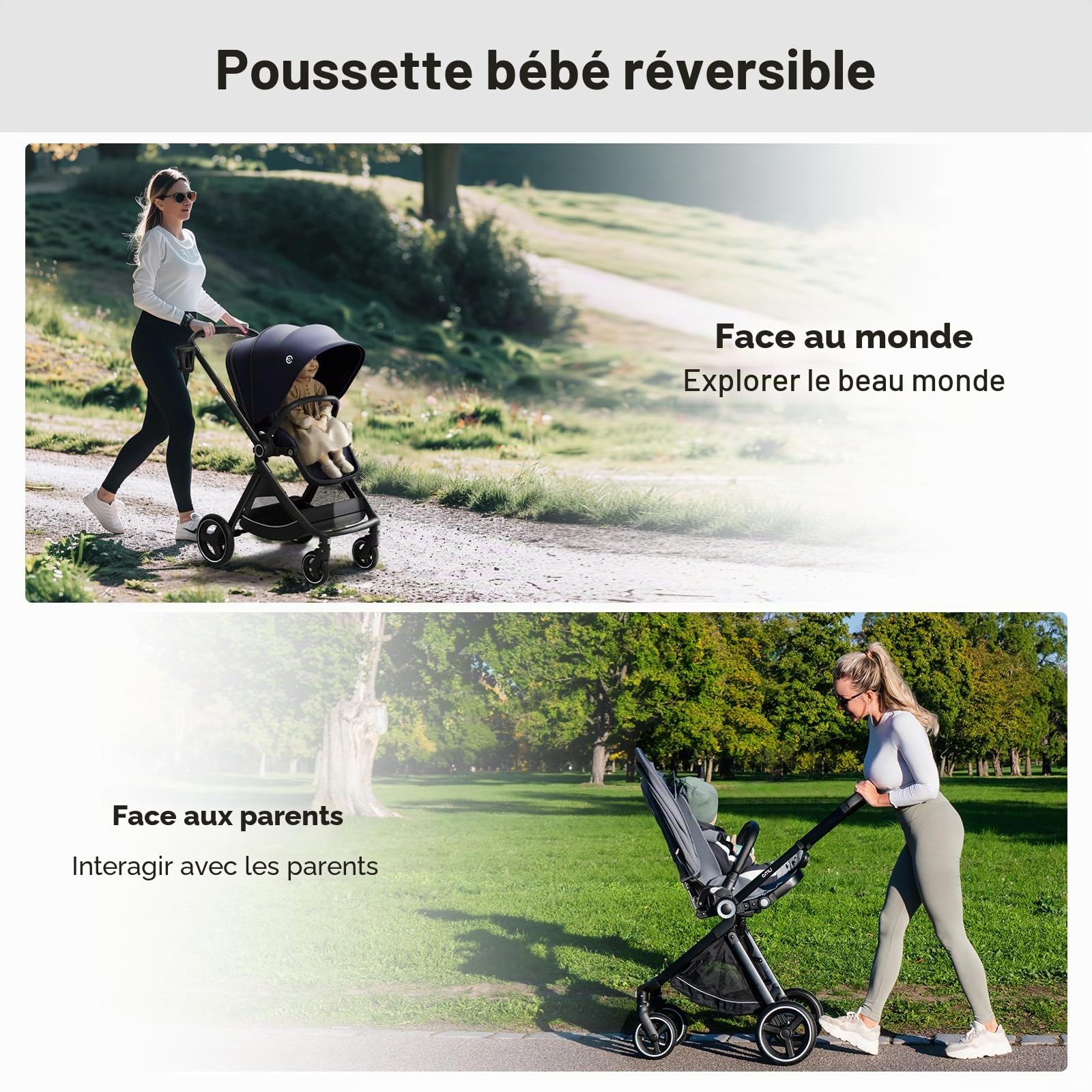 ELITTLE EMU Poussette Pliante Reversible, Poussette Bebe Face Parents 25kg,Automatique Centre Gravité Conception Rréglage,Landaus Siège Dossier 95-175°pour Exterieur Ville pour Bebe 0 a 3 Ans,Noir