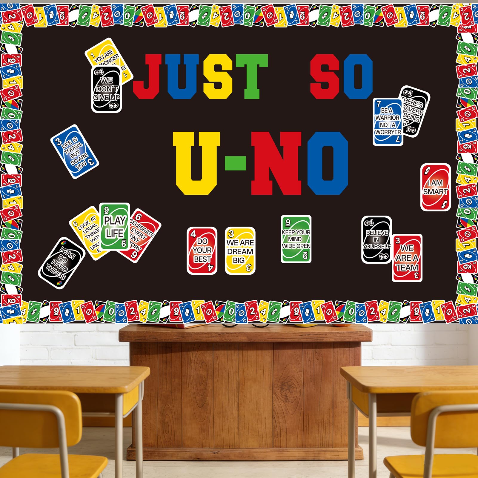UNO Jeu de cartes positif, décoration de tableau d'affichage positif, bordures de jeu de motivation, décoration de salle de classe, bibliothèque, fenêtre, mur, porte, pour enseignant d'école