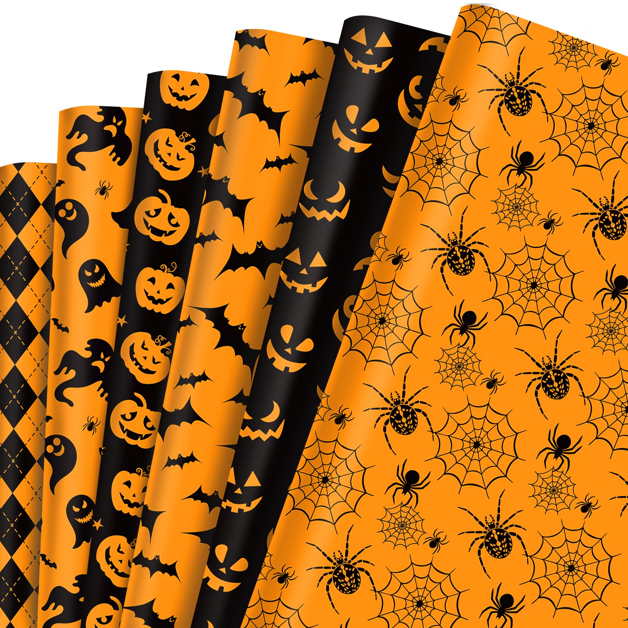HOWAF 12 Halloween Wrapping Paper Sheet, Spooky Pumpkin Wrapping Paper for DIY Gift Wrap Halloween Craft Day Of The Dead, Dia De Los Muertos, Birthday, Orange and Black