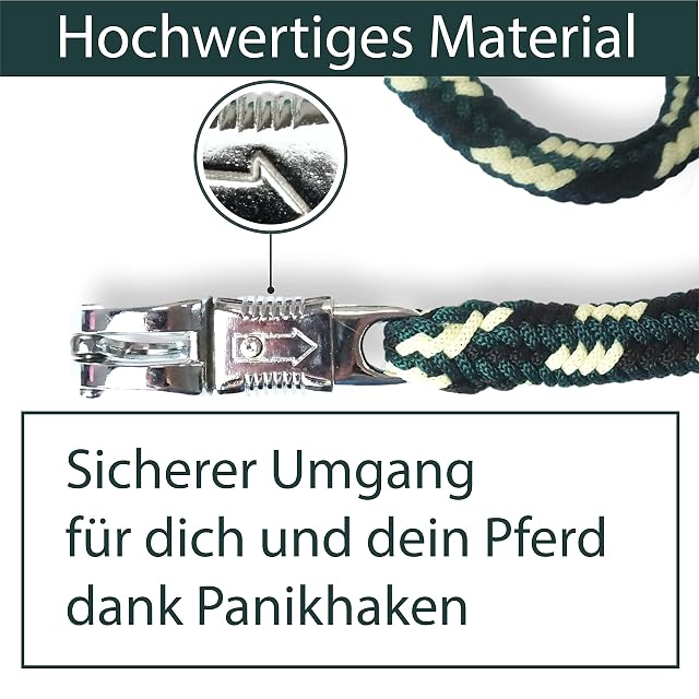 Foto 3 de 7 de Cuerda para caballos con gancho de pánico estable, longitud 2 m, muchos colores (verde oscuro, negro y crema)