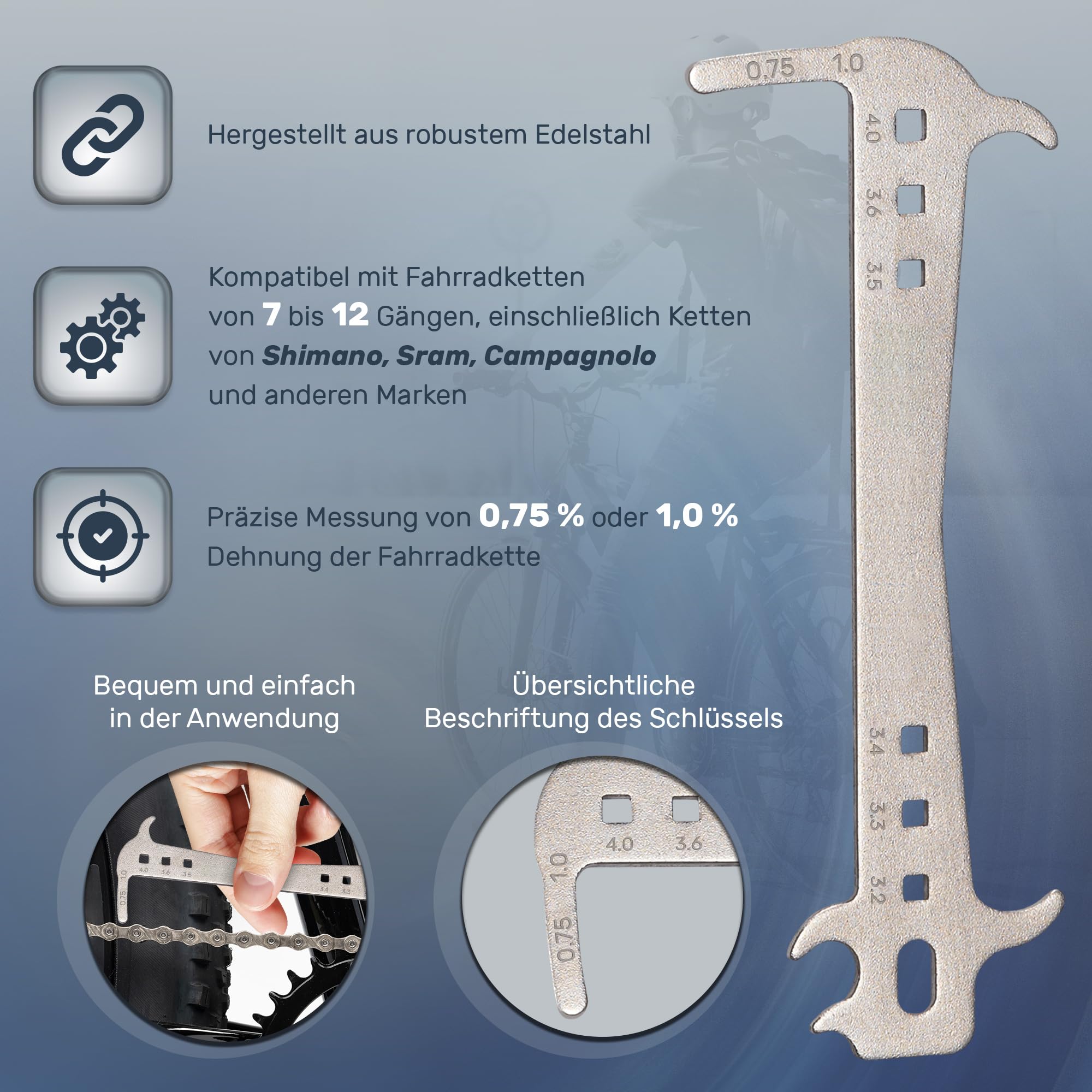 Optio Cycle Kettenlehre Fahrrad – Kettenmesslehre Fahrradkette Verschleiß 7–12 Fach | Fahrrad Kettenprüfer & Chain Checker für MTB, Rennrad, E-Bike