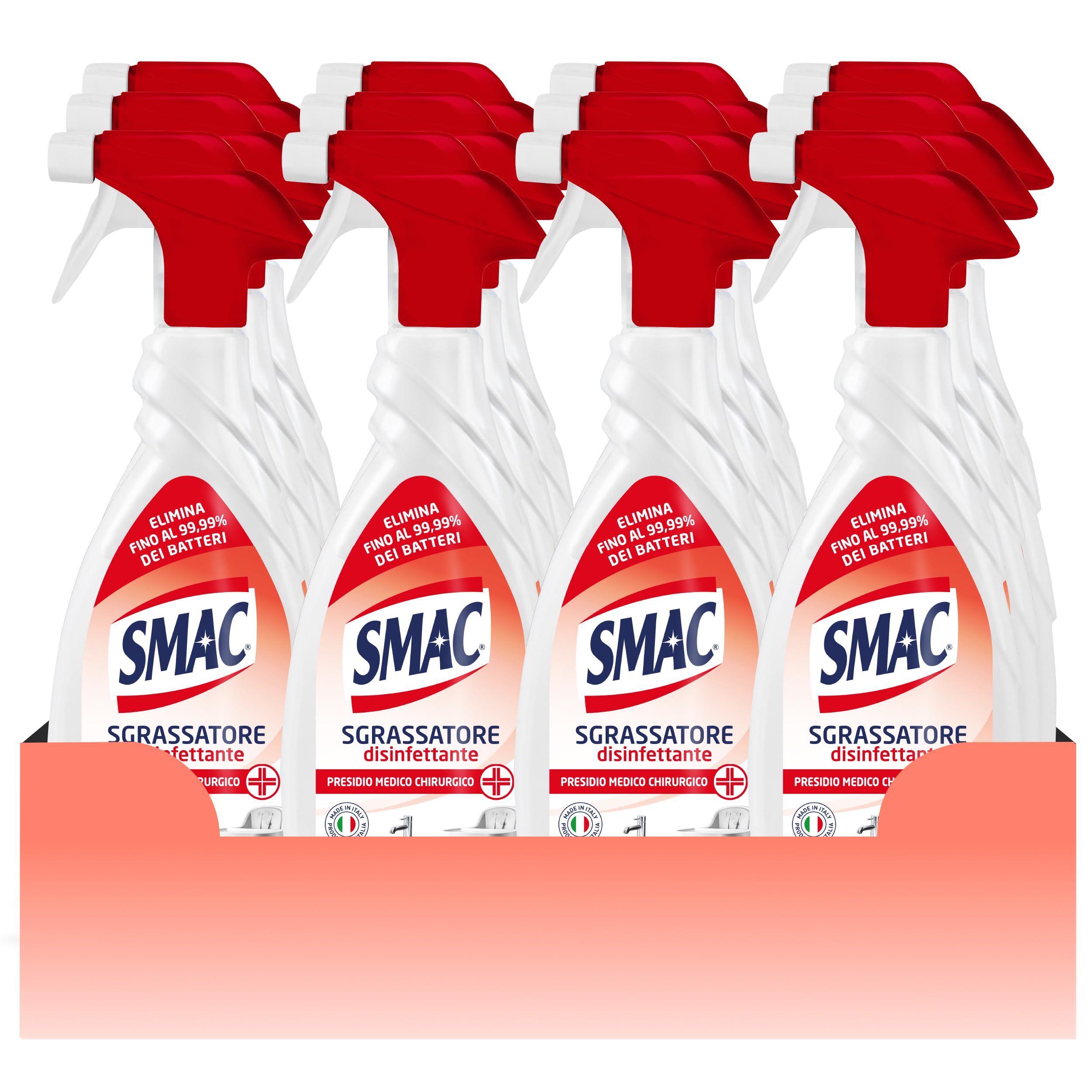Smac - Sgrassatore Disinfettante, Detergente Spray Multisuperficie con Azione Sgrassante e Antibatterica, 650 ml x 12 Pezzi