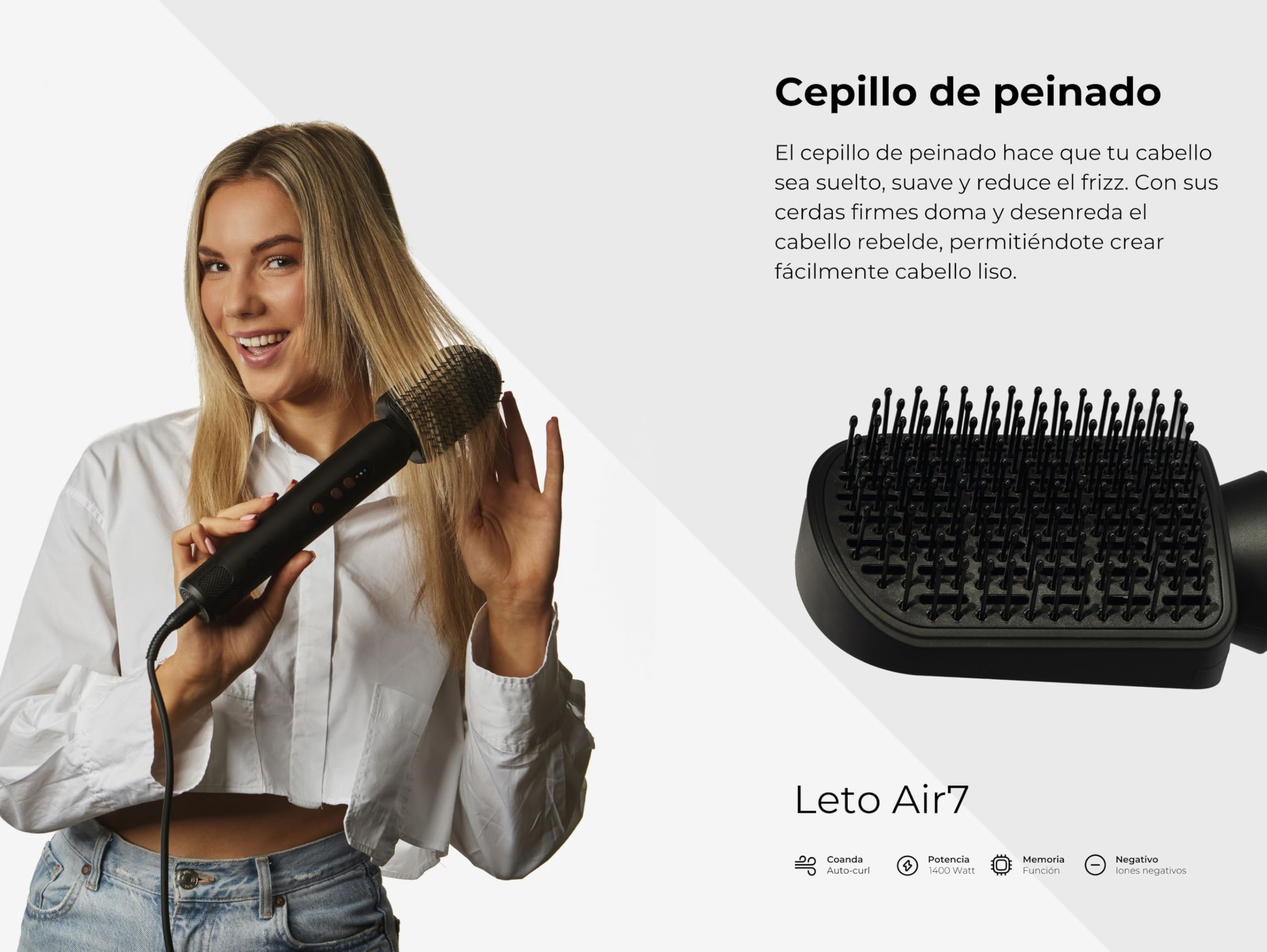 Leto 7en1 Cepillo de aire caliente y secador – cepillo redondo, rizador, ondulador, alisador, difusor, concentrador, Coanda, iones, 1400W BLDC