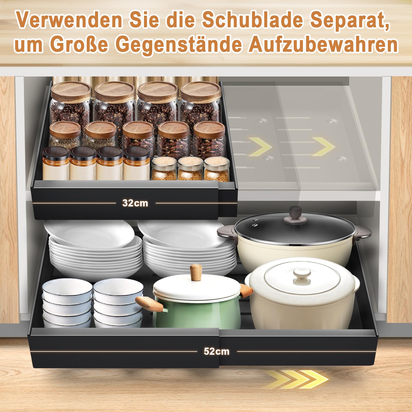 Ausziehbare Schublade Küche, 10 Aufbewahrungsboxen im Lieferumfang, Breite von 32–53 cm Verstellbar, 2 Montagearten, Teleskopschublade für Küche, Bad, Zimmern und Abstellräumen (Schwarz)