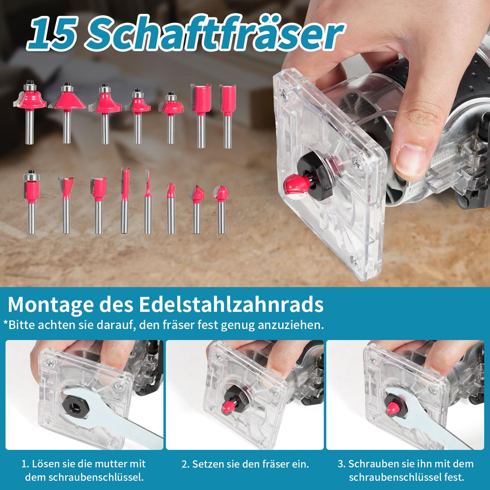 Fresadora con batería de 18 V, 6 niveles ajustables, fresadora de cantos con iluminación LED | Juego de fresas de 15 piezas, 6,35 mm, fresadora manual para proyectos de bricolaje, como tallado de madera y cortes