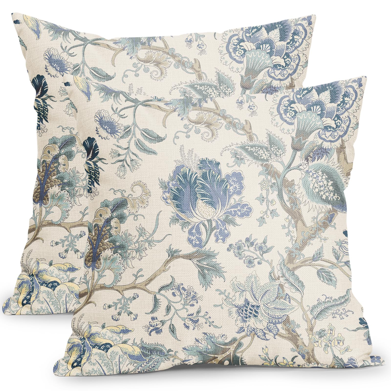 Chinoiserie Floral Pillow Covers 18x18 Inch Set of 2 Rustic Blue Flower Trees Outdoor Decorative Throw Pillow Covers Vintage Farmhouse Pillow Cases Cotton Linen Cushion Covers for Couch Bed Sofa Decor