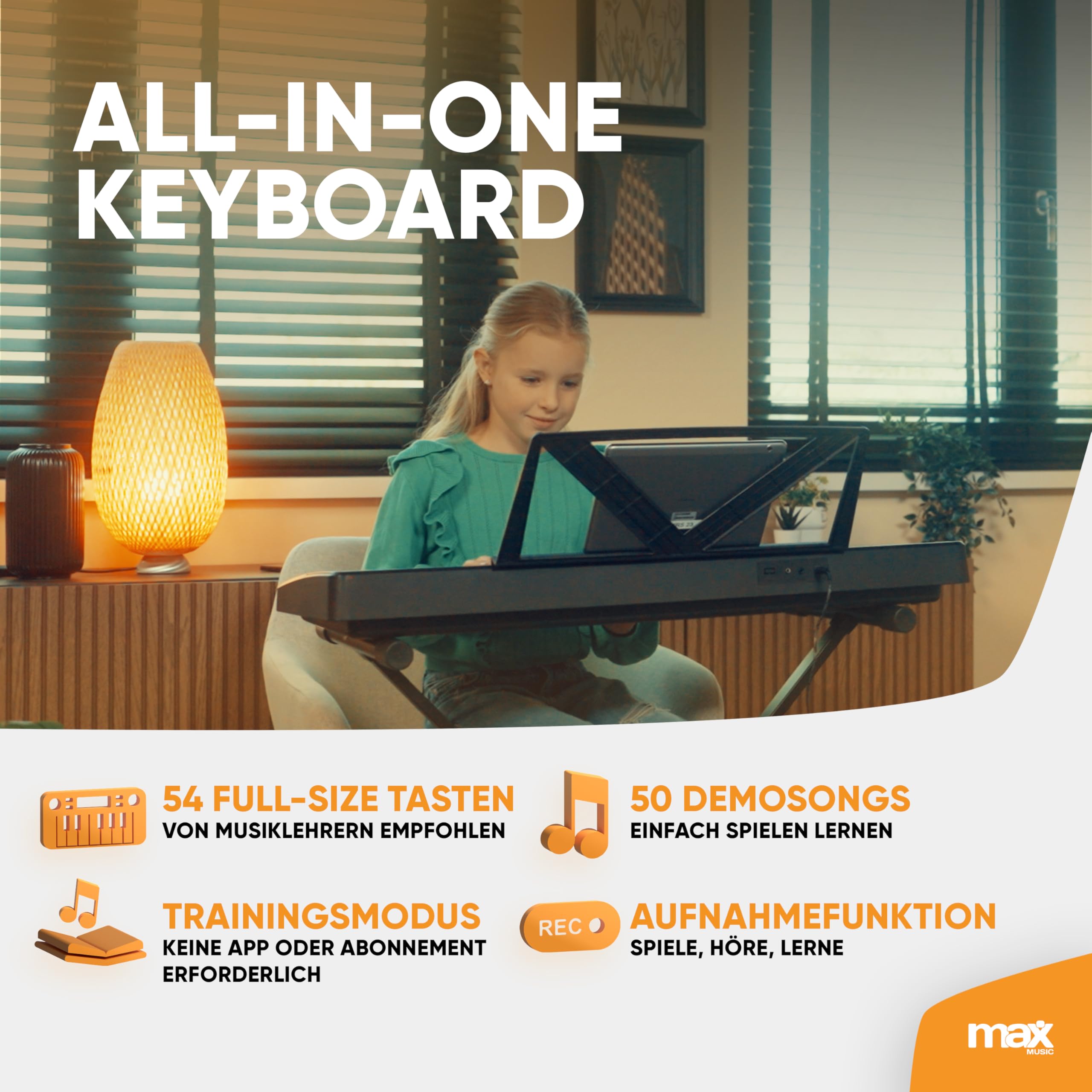 MAX Rhapsody54 - Keyboard Piano mit Notenhalter für Anfänger, 54 Tasten Keyboard mit Ständer und Kopfhörer, Lautsprecher, Display, 50 Demos, Lern-Funktion, 600 Sounds, 8 Percussions