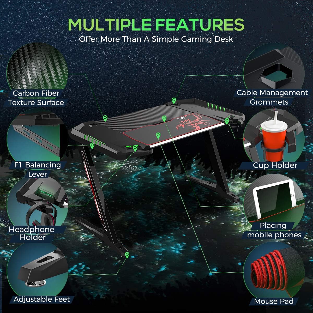 Diagram showing heavy duty construction and dimensions of the EUREKA ERGONOMIC Z2 Gaming Desk