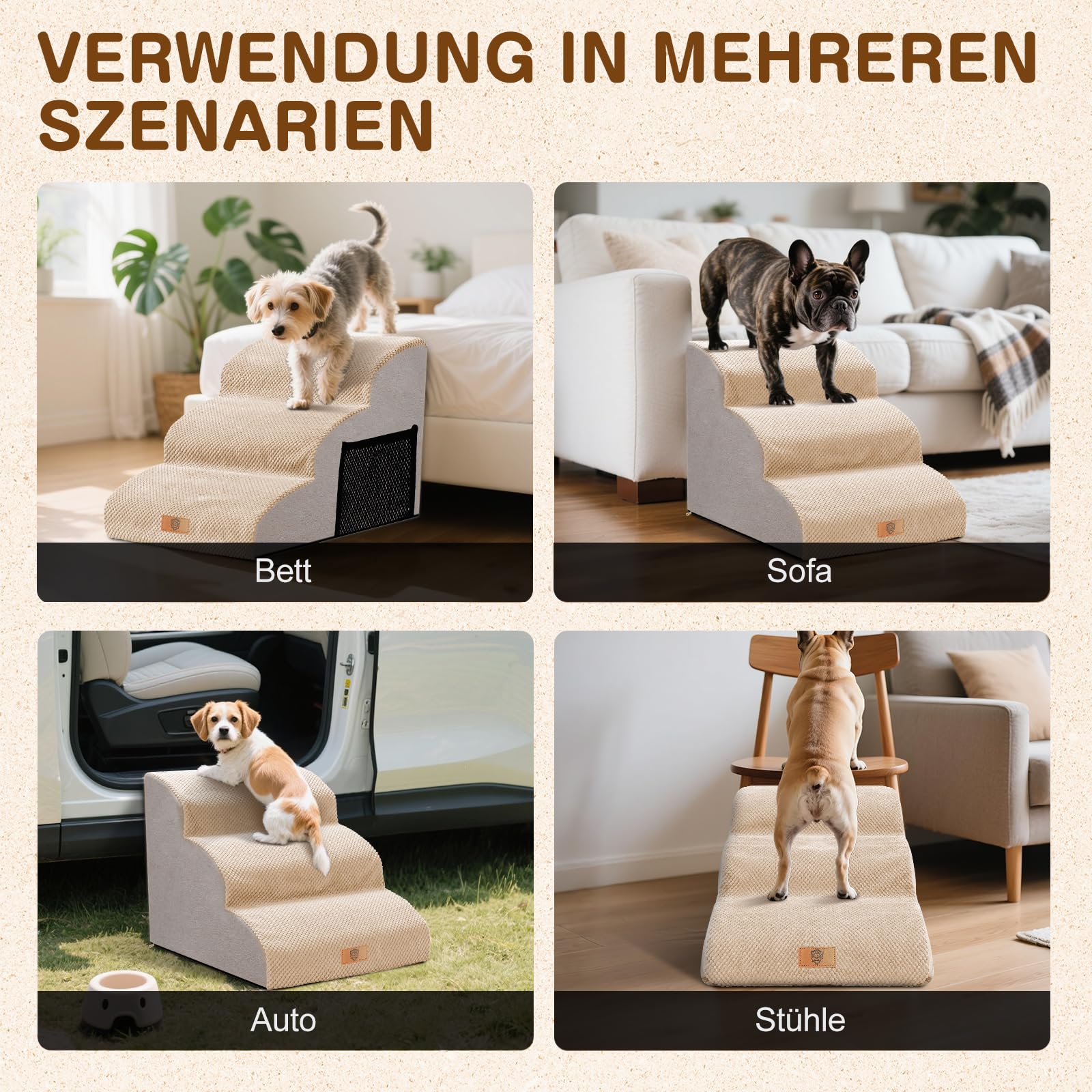 Masthome Hundetreppe für Kleine Hunde,Haustiertreppe 3 Stufen,Hunderampe aus Hochdichtem Schwamm für Bett und Sofa,Katzentreppe mit Waschbar Plüschbezug,40cm Hoch,Beige