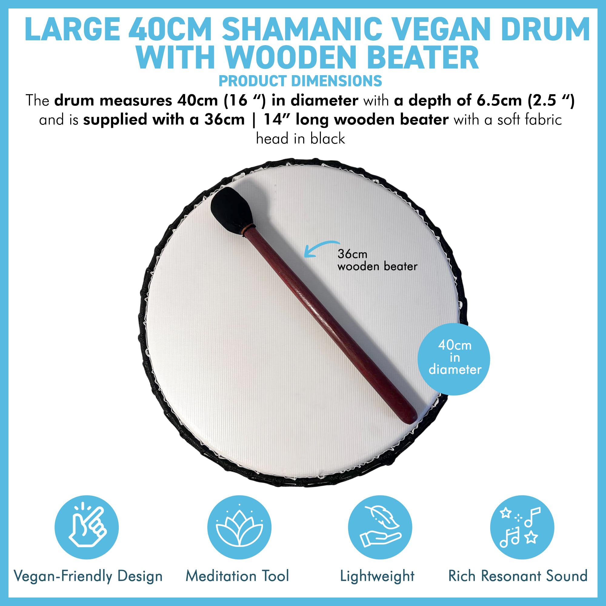 Grande tamburo sciamanico vegano da 40 cm con battitore in legno, strumento a percussione con suono profondo risonante