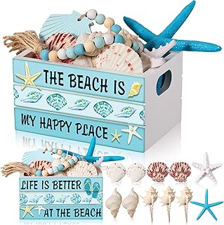 Qunclay Beach Mini Wooden Crate Summer Tiered Tray Decor with Faux Starfish Conch with Wood Bead Tassel Farmhouse Kitchen Decorations Summertime Wood Crate for Beach Party Decor