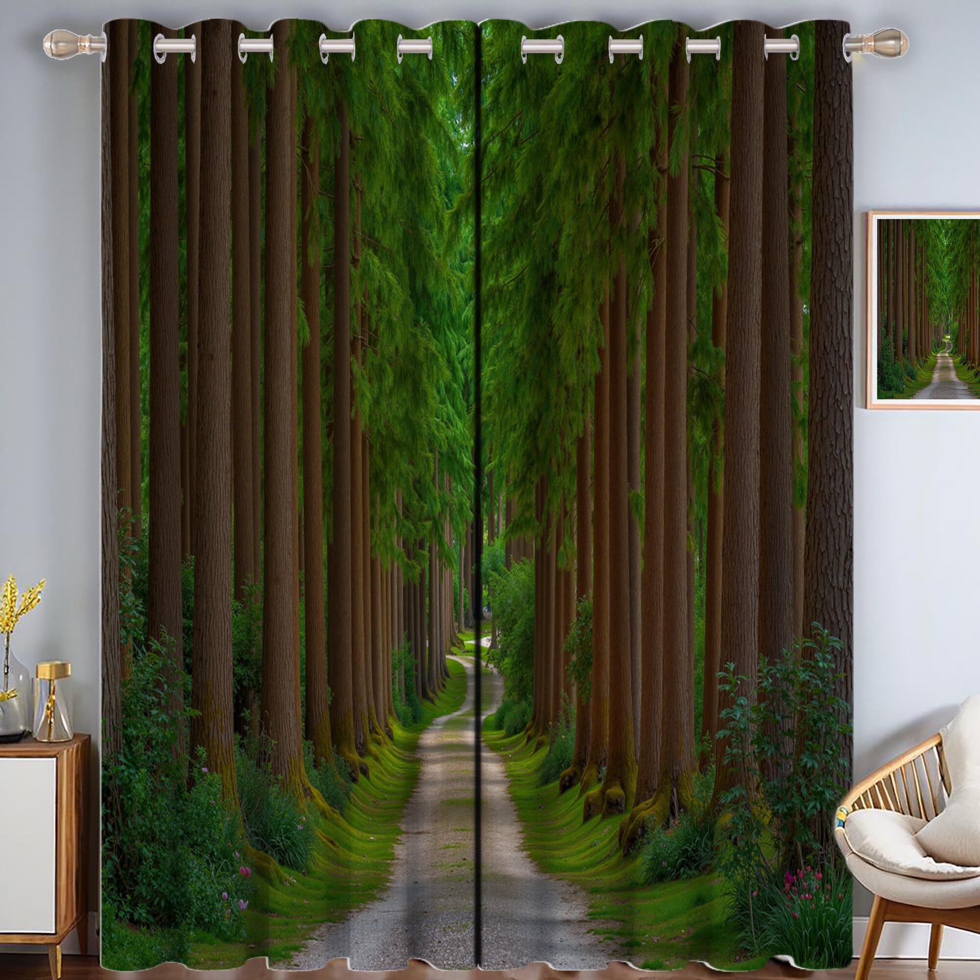 Tenda Oscurante Termica E Isolante Con Occhielli, 2 Pannelli, Sentiero Dei Pini Stile Tranquillo Della Foresta Oscuramento Anti Freddo E Caldo, Per Camera Da Letto E Bambini