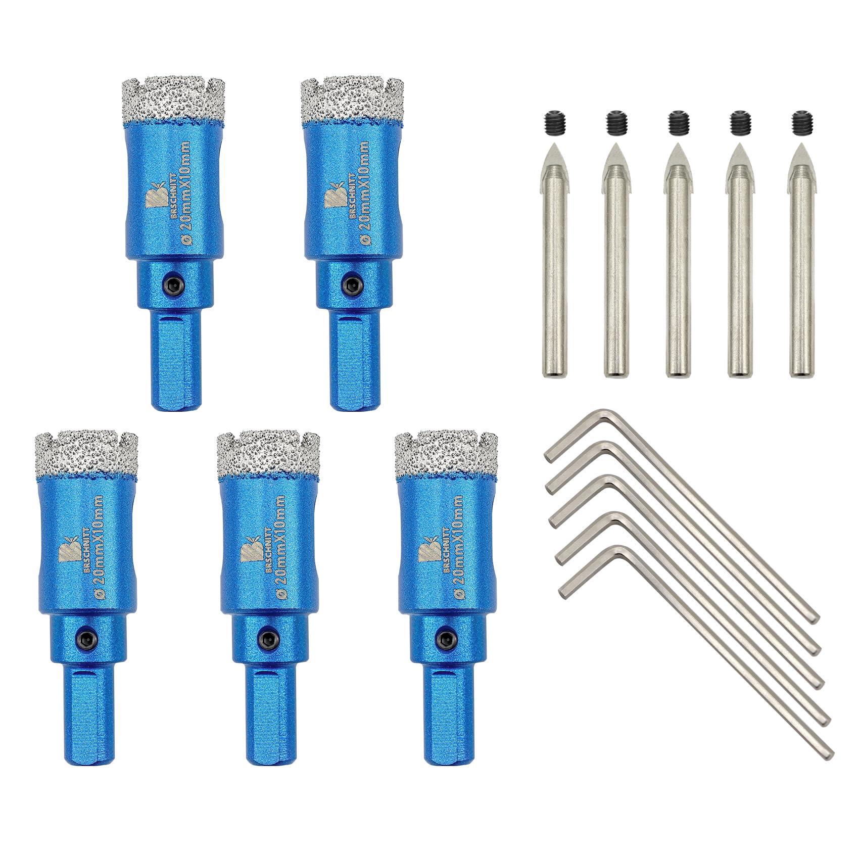 BRSCHNITT Dry Diamond Core Drill Bit with Pilot Bit - 4/5" Diamond Tile Hole Saw with Triangle Shank for Porcelain Tile Ceramic Stone Granite Marbl(5pcs)