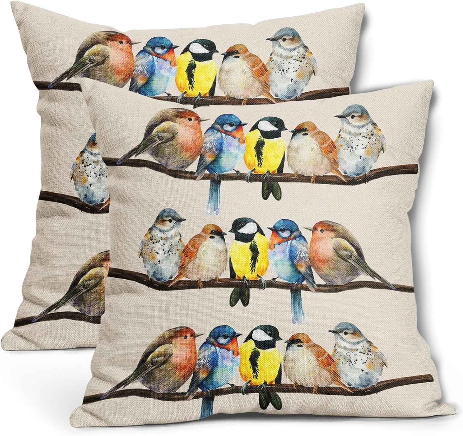 Oil Painted Bird Pillow Covers 16X16 Inch Rustic Birds Tree Branches Decorative Pillow Cases Wildlife Spring Summer Cotton Linen Throw Pillows Set of 2 Home Decor For Sofa Couch Bedroom Outdoor
