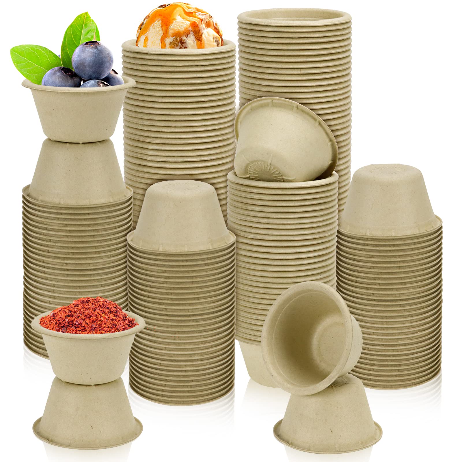 LeonBach Paquete de 200 tazas de salsa de fibra de bagazo natural de 2 onzas, condimentos de papel, muestras de aperitivos, recipientes de alimentos, taza de inmersión pequeña