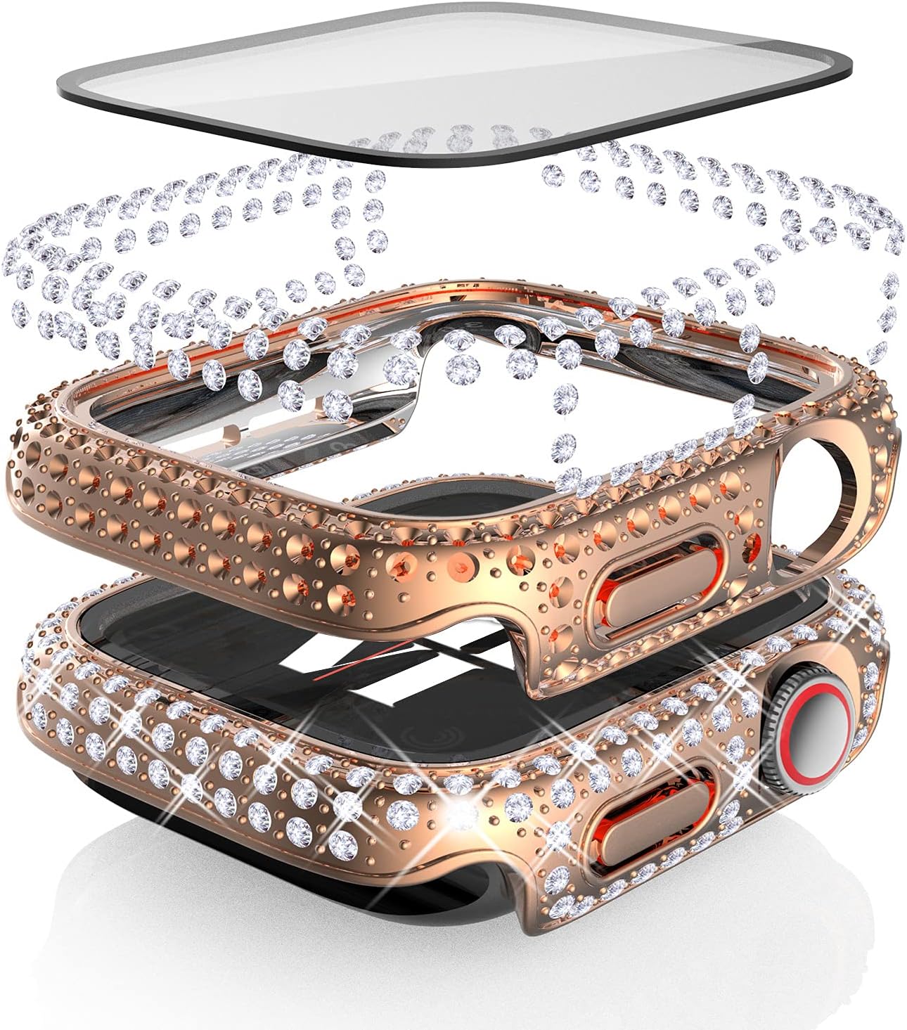 Fullife 3-Pack Crystal Diamond Bling Cases Compatible with Apple Watch 40mm Protective Bumper with Tempered Glass Protector for iWatch Series 6 5 4 SE, Rosegold/Rainbow/Clear : Cell Phones & Accessories
