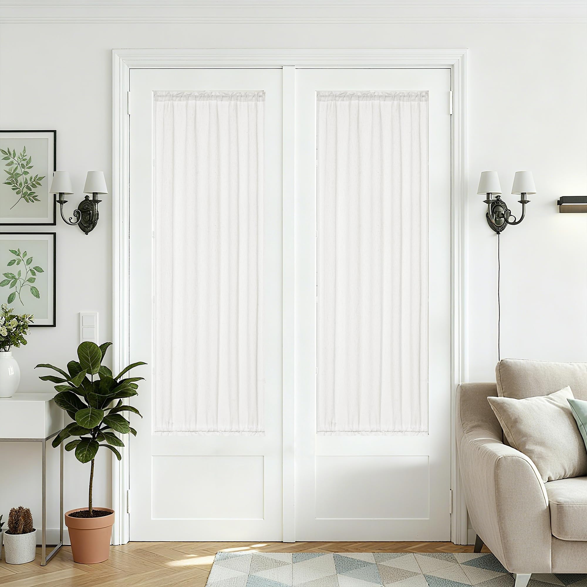 Photo 1 of 2 Panel Privacy Side Window Curtains for Front Door Kitchen Bathroom Bedroom Drapes Linen Texture Ivory White 25 x 72 Inches Long Curtains Elegant Light Filtering Door Window Curtain Dual Rod Pocket
