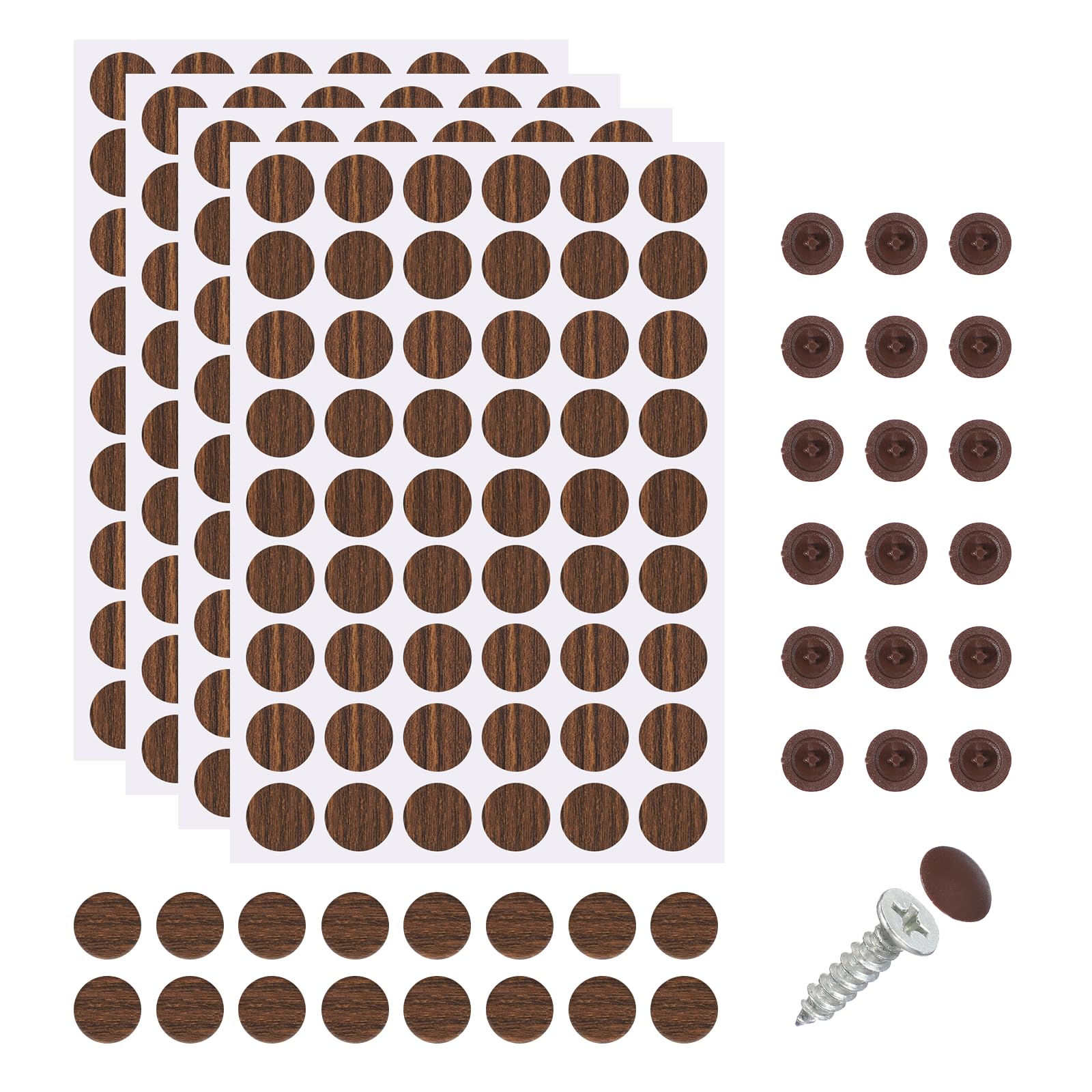 sourcing map 216Pcs Screw Hole Stickers and 200Pcs Screw Cover Caps, 12x3.5mm Dustproof Cap Hole Cover Sticker Set ABS Phillips Screws Head for Furniture Cabinet Wardrobe, Dark Brown