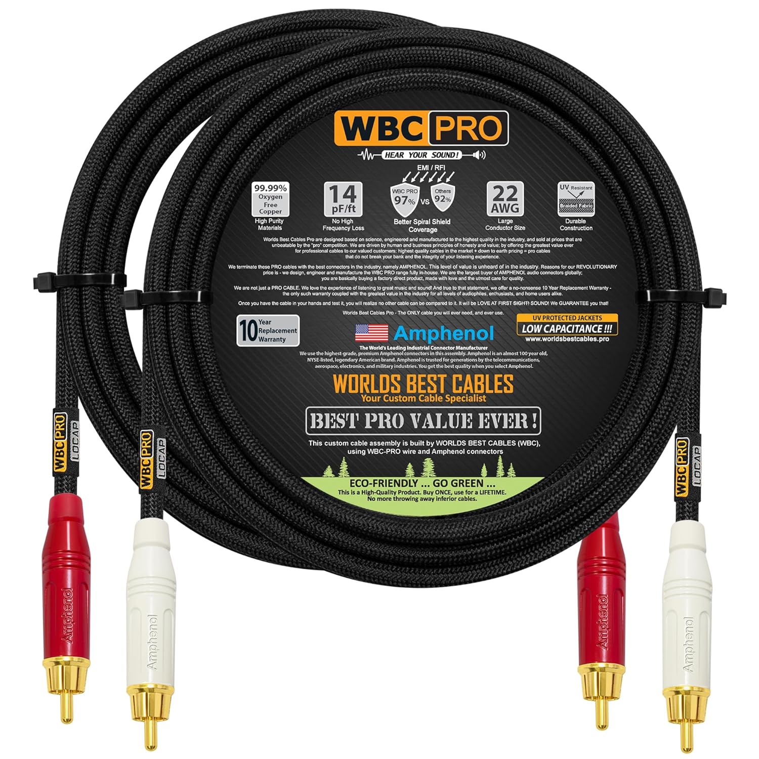 15 Foot RCA Cable Pair - WBC-PRO-LOCAP Low-Capacitance (14pF/ft) 22 AWG Ultra-Silent Audiophile & Professional-Grade Audio Interconnect Cable with Amphenol ACPR Gold RCA Plugs & Black Tweed Jacket