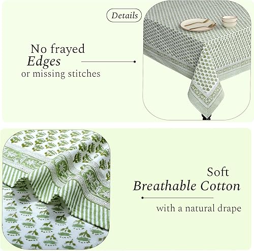 Miniatura 4 de CPC - Mantel rectangular de algodón con estampado de bloques indios de 80 x 120 pulgadas, color verde, lavable, para primaveraverano, color verde