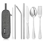 Travel Stainless Steel Utensils Set with Case - 8-Piece Reusable Flatware Kit Includes Fork, Knife, Spoon, Chopsticks, Straws, Brush & Bag - Portable Cutlery for Camping, Work, Picnic (Silver)