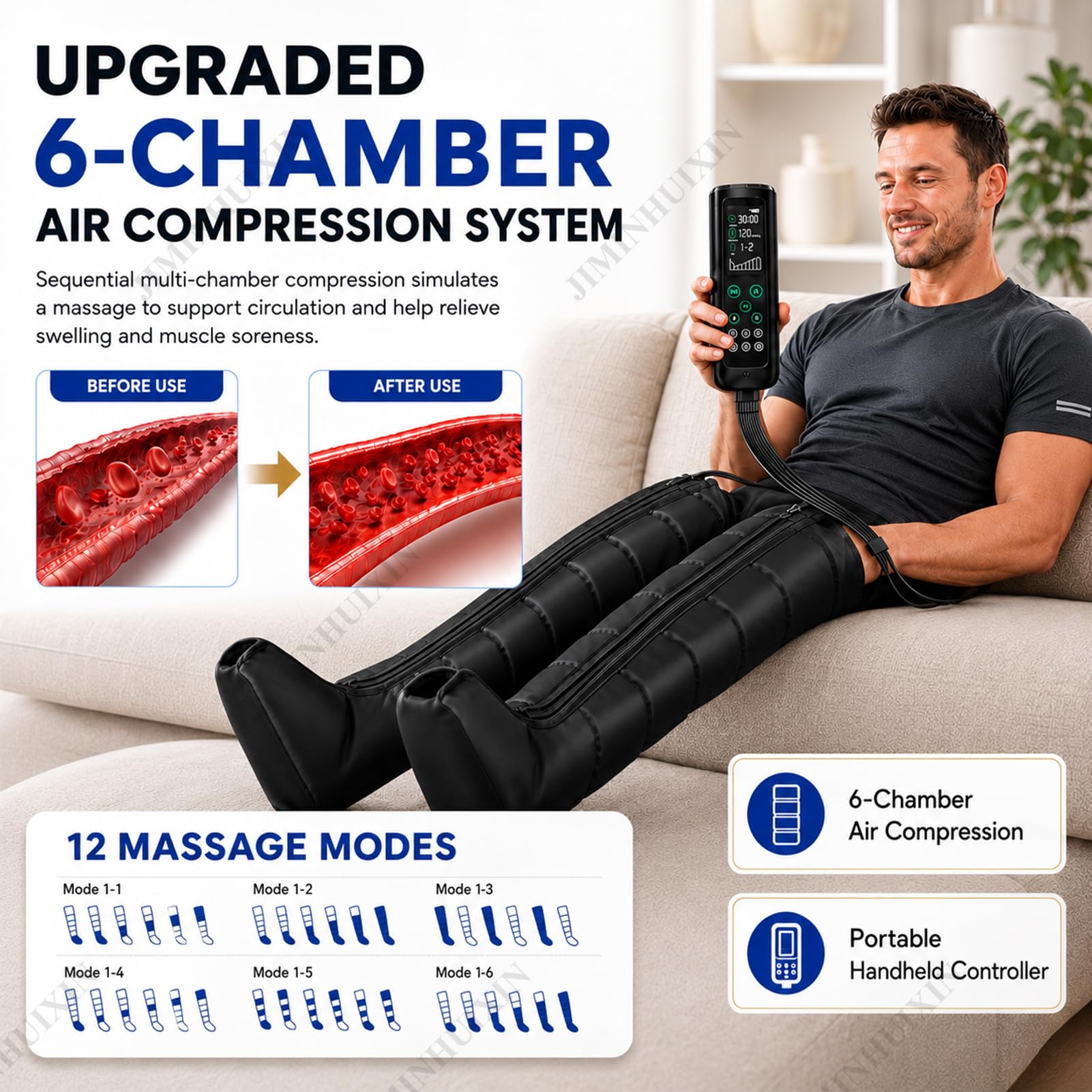 Masajeador de Piernas con Presoterapia,Botas de Compresión Aire Portátil | 6 Cámaras, 12 Modos y 60-270 mmHg Presión para Deportistas, Entrenamiento, Piernas Cansadas y Drenaje Linfático en Casa