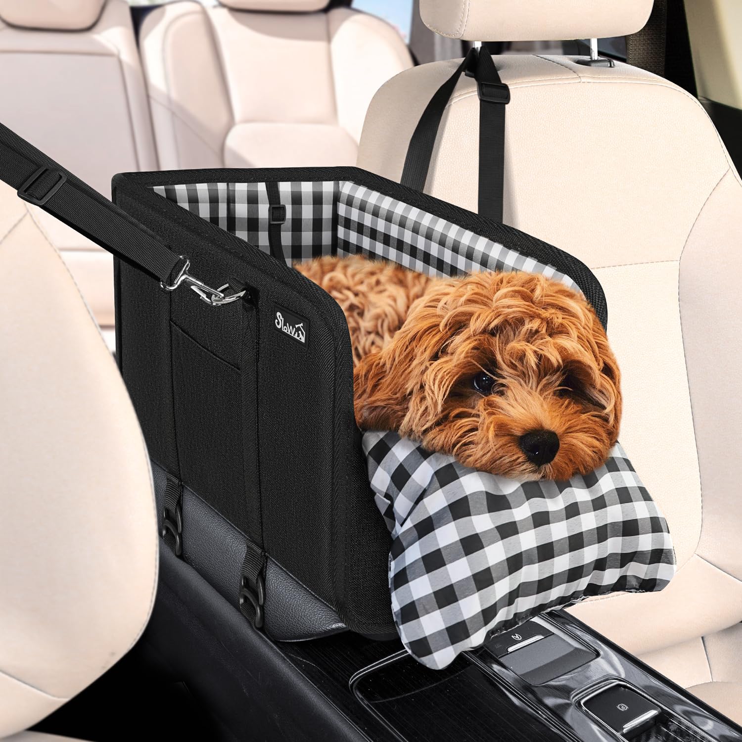SlowTonConsole Dog Car Seat - Portable Dogs Armrest Booster Seat for Small Dog, Anti-Collapse Pet Car Seat with Soft Cushion Safety Belt, Support Pet Up to 11lbs (Black)