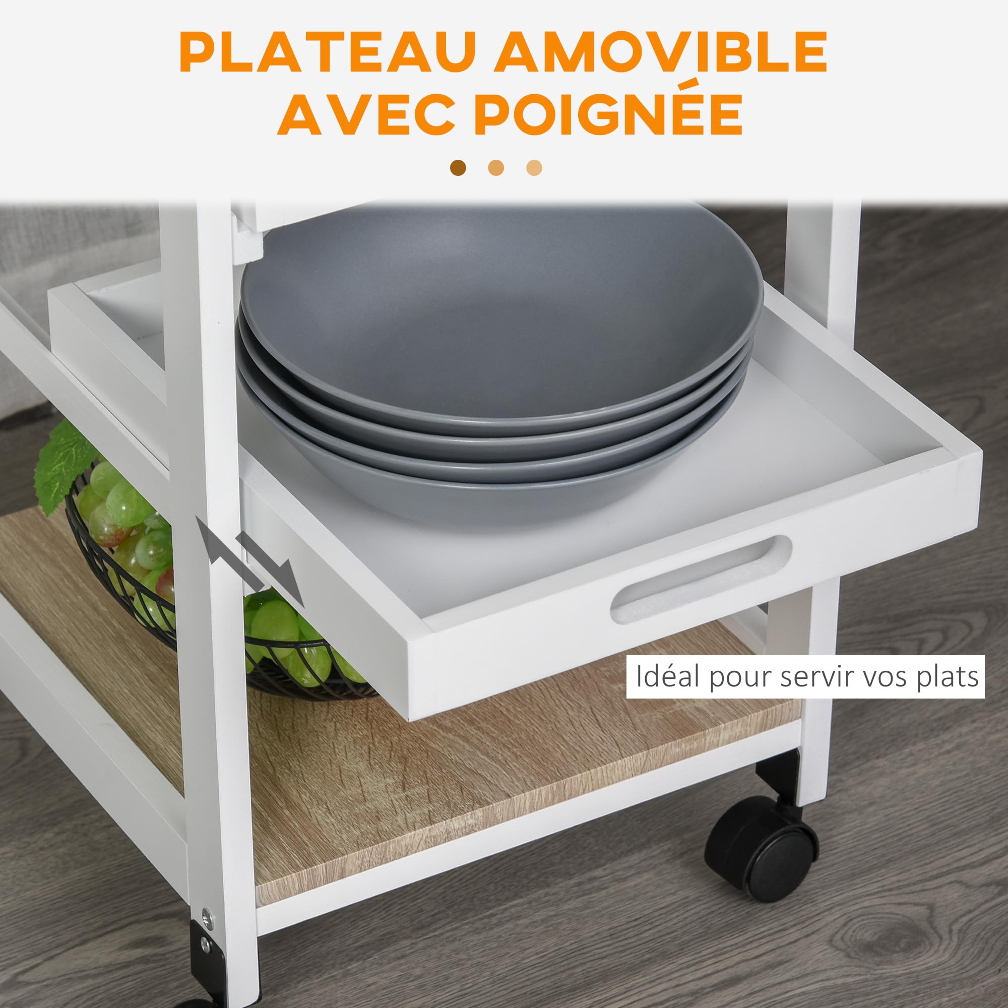 HOMCOM Chariot de Service Desserte de Cuisine à roulettes Blanc Chêne Clair | Panier, 2 Plateaux Amovibles, Tiroir, Étagère MDF Bois de Pin