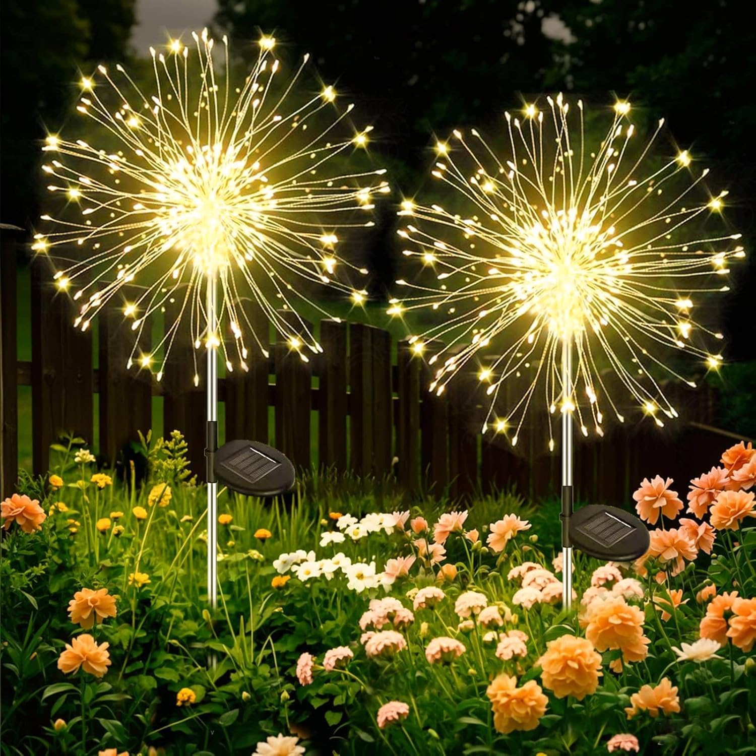 Joycome Solar Garden Lights Outdoor，2 Pack 120 LED Solar Fireworks Lights Outdoor Waterproof，8 Modes Starlit Starburst Light DIY for Yard Patio