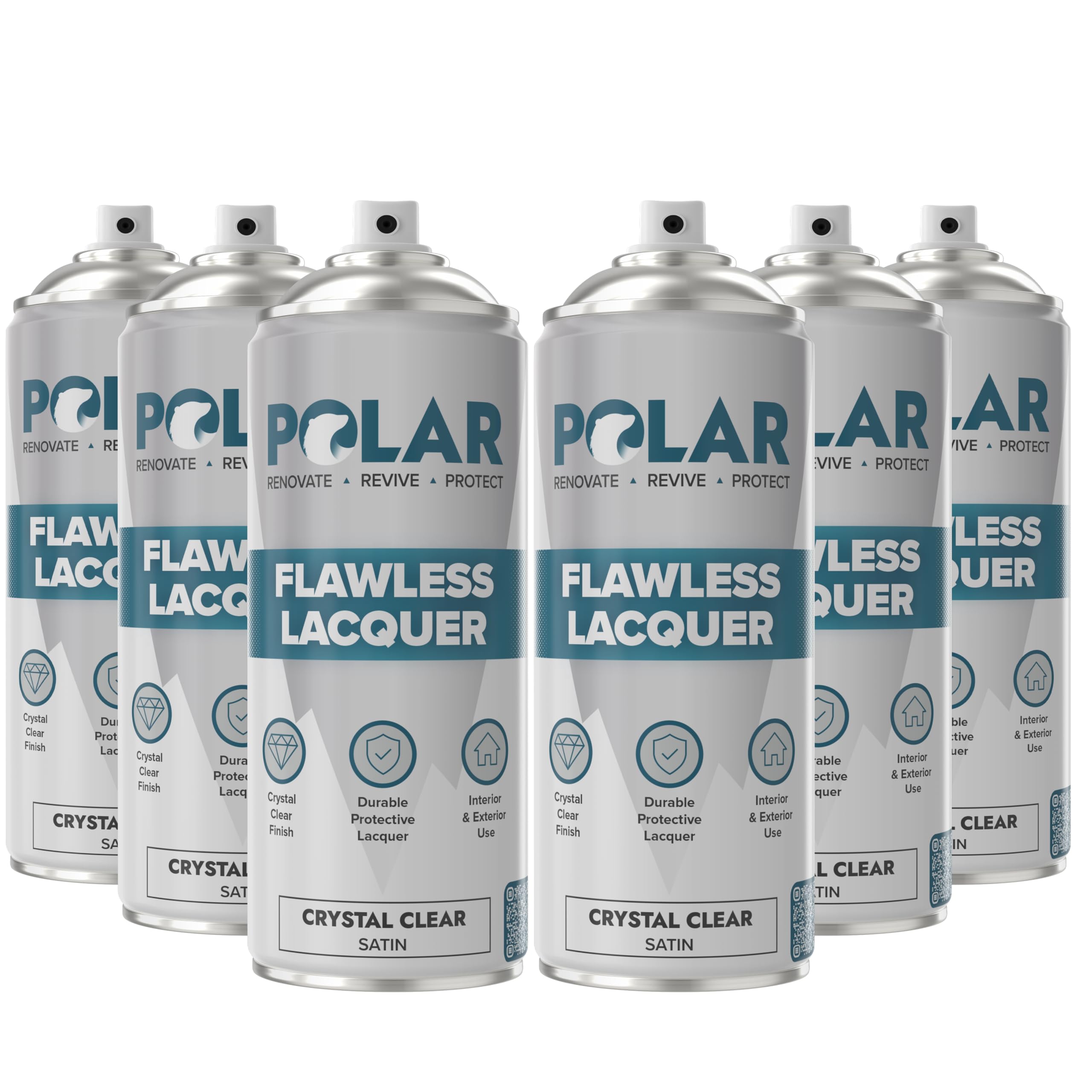 Polar Clear Satin Flawless Lacquer Spray - 6 x 13.5 Fl Oz - Clear Coat Spray Paint - Non-Yellowing & Scratch Resistant - Interior & Exterior Surfaces for Wood, Metal, Plastics, Glass & Ceramics