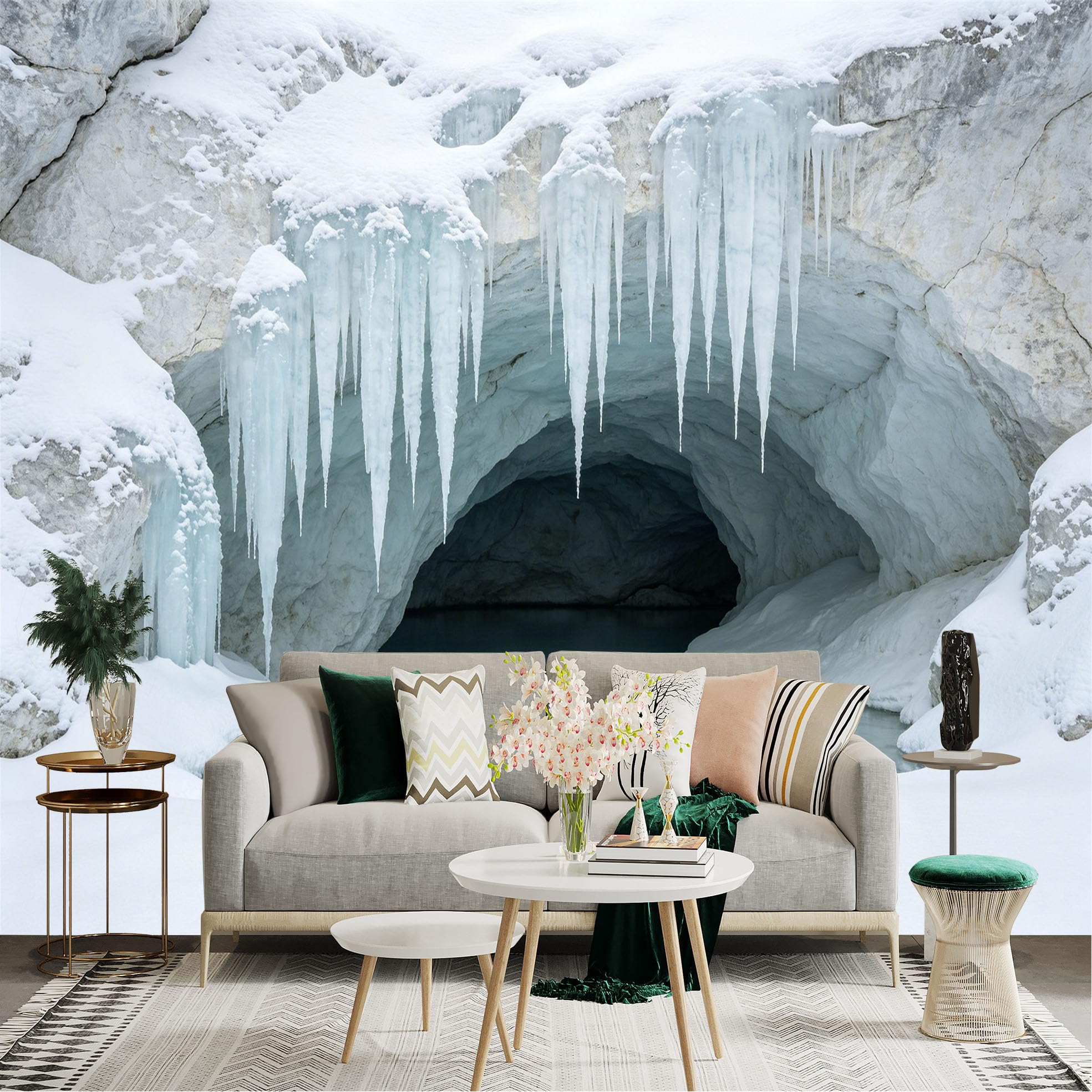 Lnzczhyre Dbh260521165 Custom Size Wall Sticker Mural， Snowy Ice Cave， Frozen Icicles， Winter Glacial Lake， Arctic Landscape， For Wall Decoration， Peelandstick Wall Decals.
