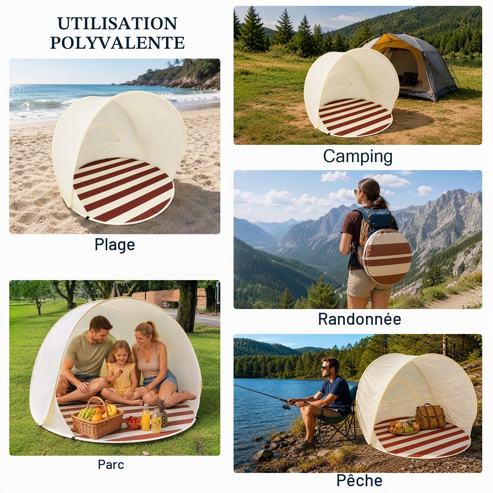 Tente de Plage Pop-up – Grande et Portable pour 2-3 Personnes, Montage Auto, Protection Solaire & étanche, Respirante, INCL. Sac et piquets – Plage, Camping, randonnées