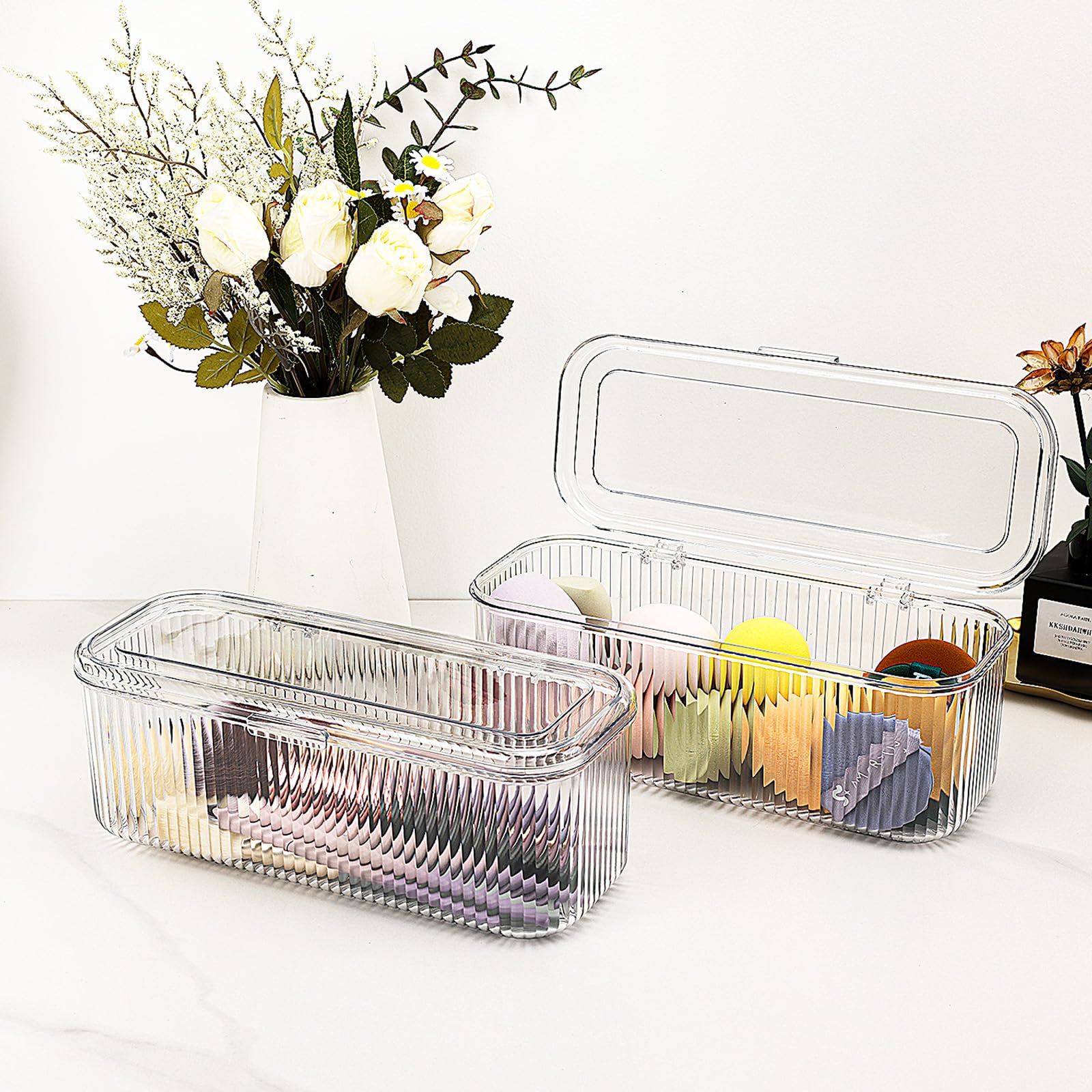 JessLab Makeup Brush Holder Organizer, Clear Makeup Sponges Organizer, Cosmetic Storage Case with Lid Display Case for Vanity (1 Pack) - Image 2