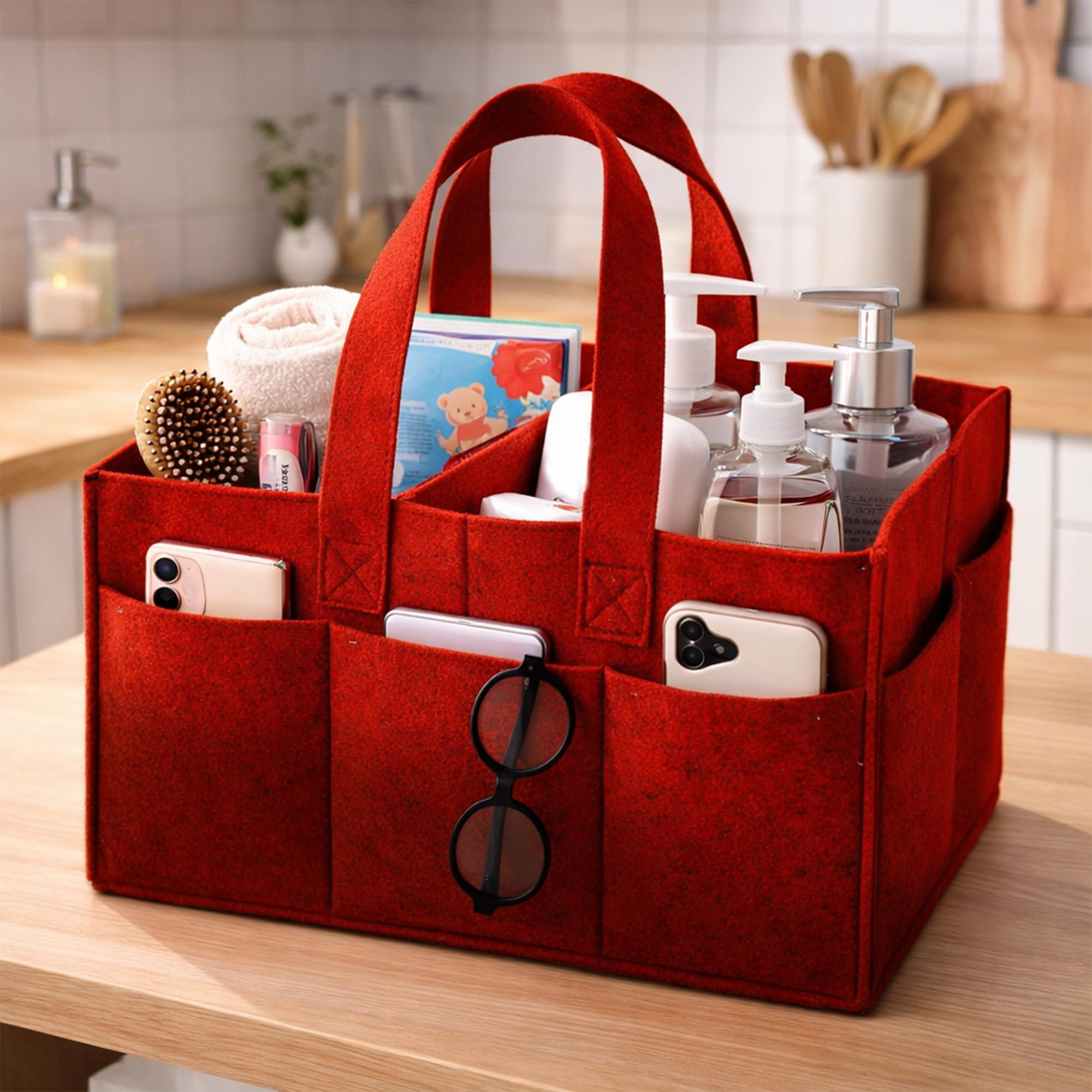 SYUTAM Diaper Caddy Bag for Smart Mothers Baby Diaper Caddy Organizers Baby Wipes Felt Storage, Nursery, Foldable, Portable and Liteweight (Red)-image-30