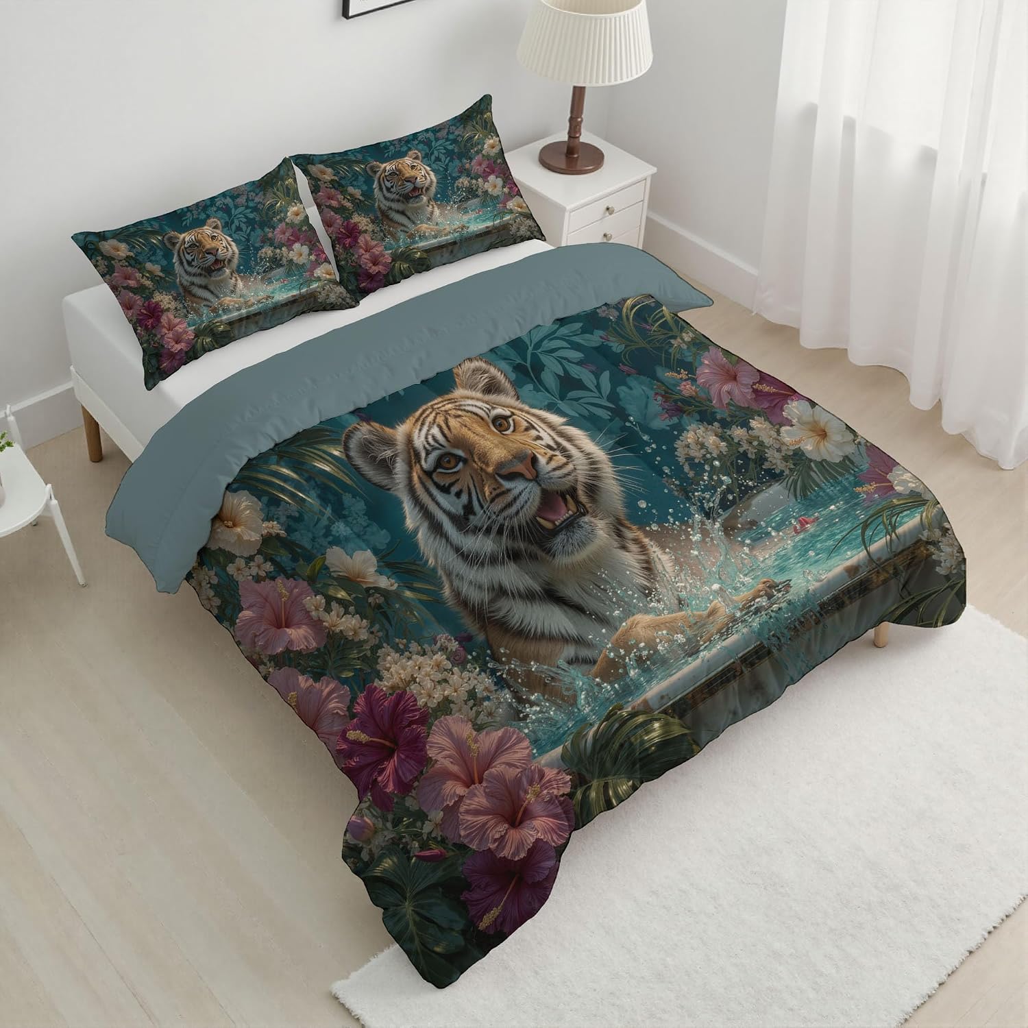 Blue 80" x 90" Duvet, Reversible Coverless Children Boys Girls 3 Duvet, Full Washable Quilt 7.5 Tog for All Seasons, Tropical Flowers Comforter with 2 Pillowcases