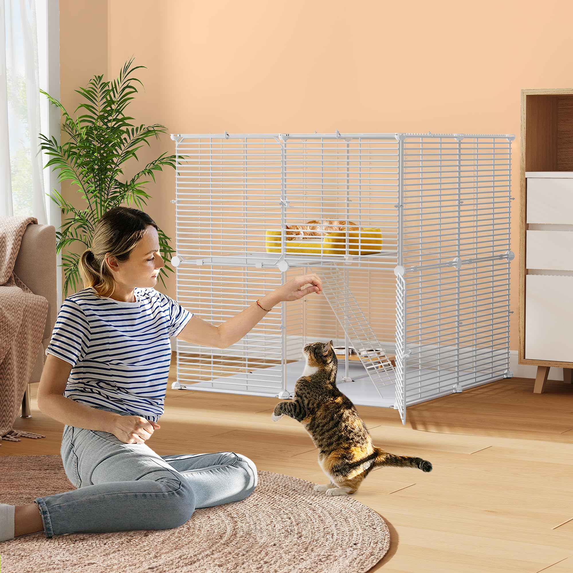 YITAHOME Gabbia per Gatti da Esterno/Interno, Recinto per Gatti con 2 Porte, 1 Scale, Box per Gatti in Metallo a 2 Livelli, Gabbia con Filo Metallico Denso per Gatti, Coniglio, Bianco, 71x71x71cm